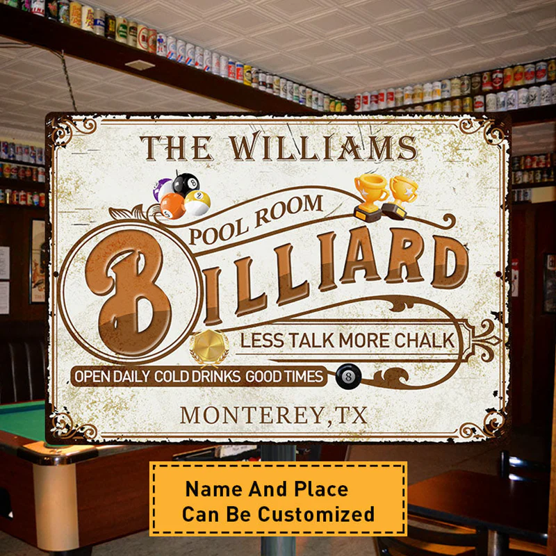 Personalized Billiard Pool Room Metal Signs - Less Talk More Chalk 8 Ball Pool Room Metal Signs Decoration - Image 2