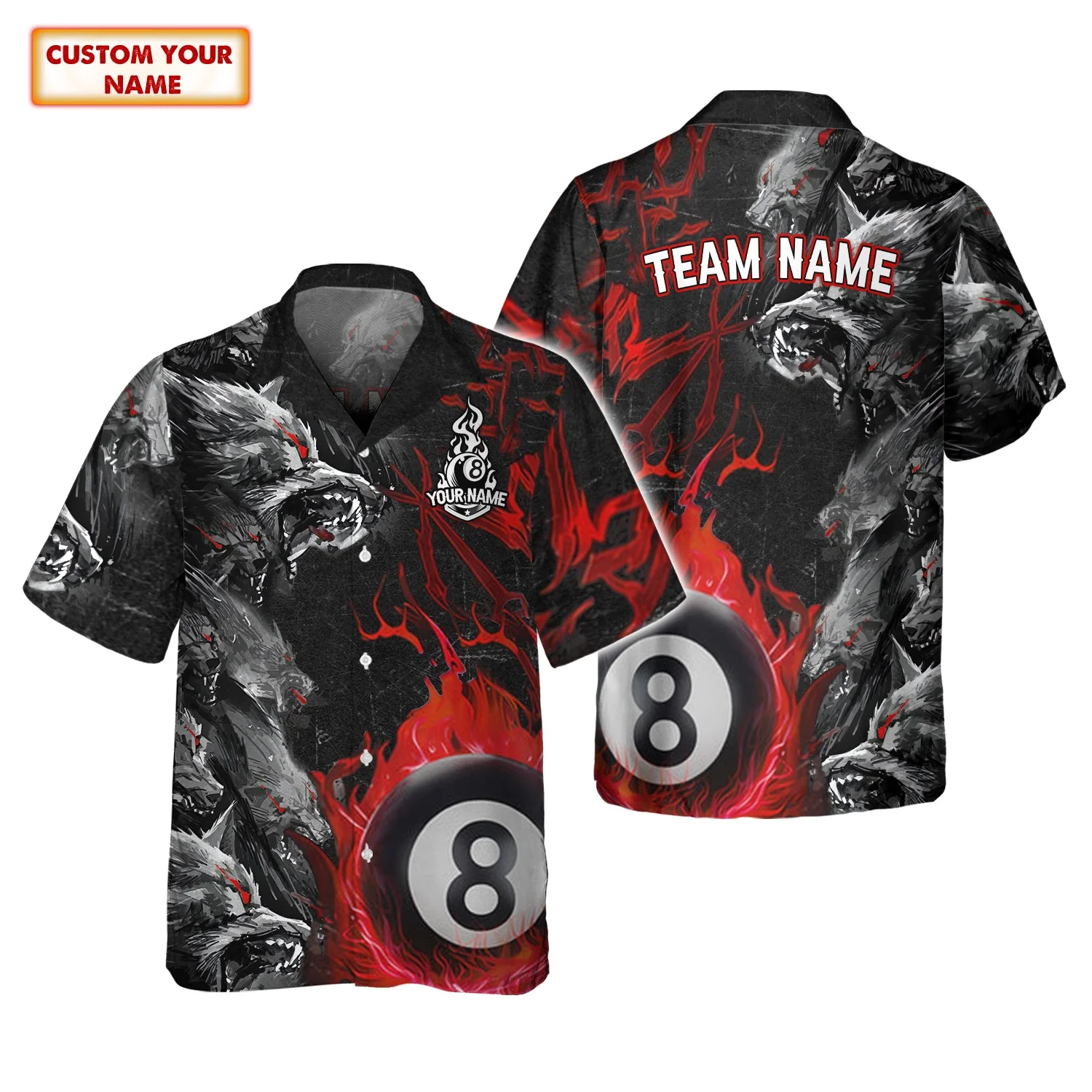 Personalized Billiards 8 Ball Pool Polo Shirt, Wolf Black Red Fire Pool Shirts, Outfit For Billiard Players Tad - Image 3