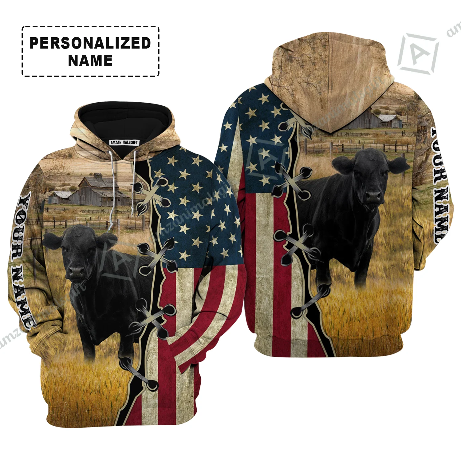Personalized Black Angus Cattle American Flag T-Shirt, Farm Shirt For Friend, Family, Farmer, Black Angus Lovers - Image 3