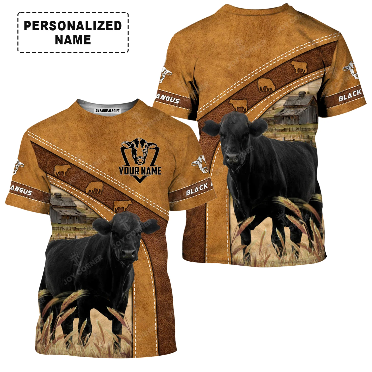 Personalized Black Angus Cattle T-Shirt, Leather Pattern Farm Shirt For Friend, Family, Farmer, Black Angus Lovers - Image 2