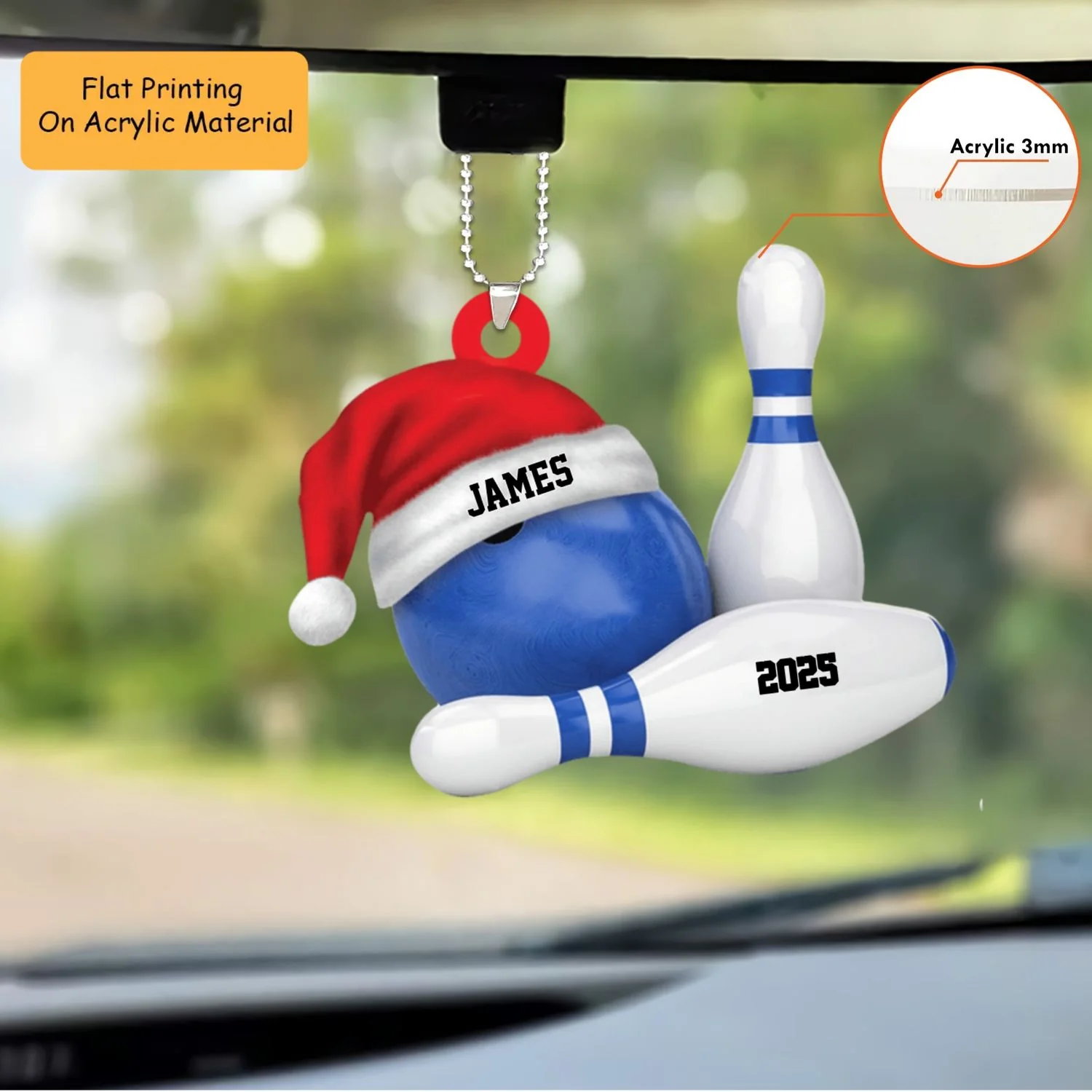 Personalized Bowling Ball Holding Pins Acrylic Ornament, Bowling Keychain, Car Ornament, Christmas Ornament Gifts - Image 2