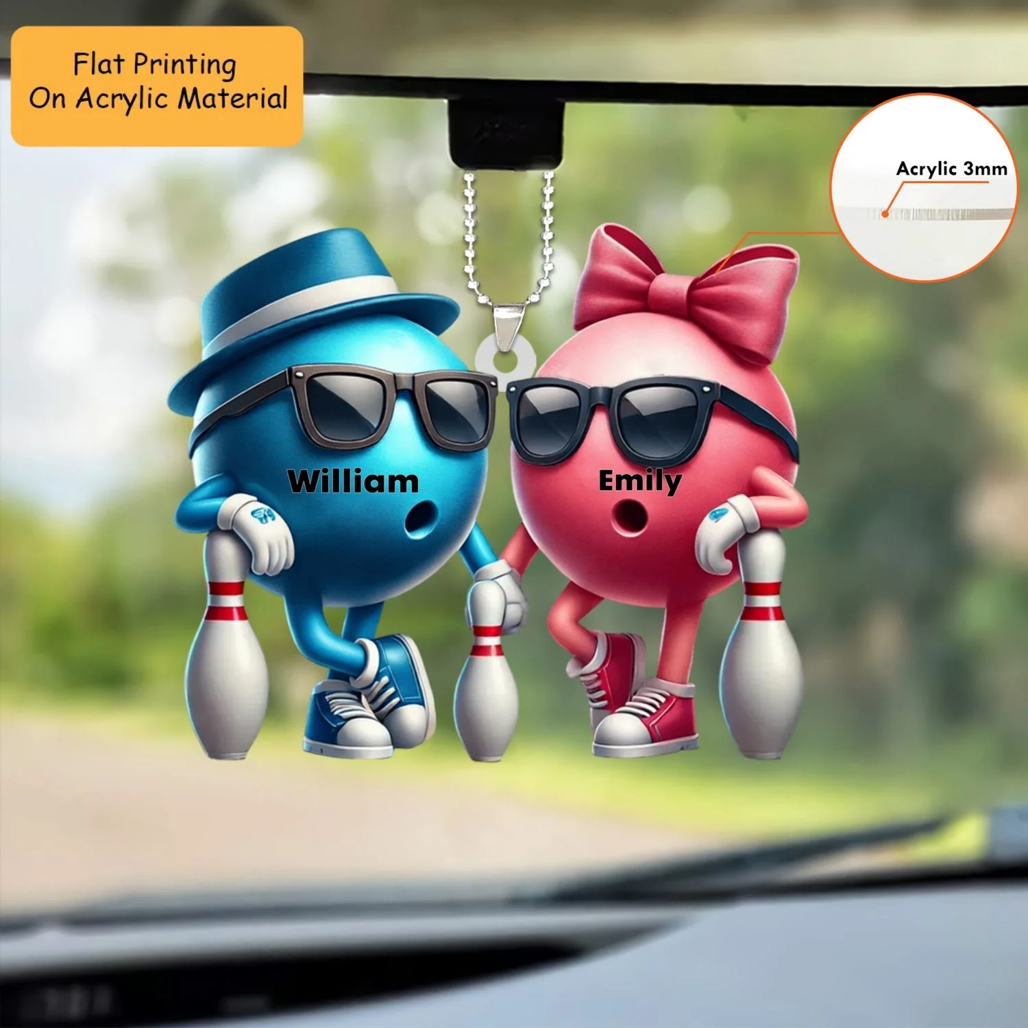 Personalized Bowling Couple Holding Pins Acrylic Ornament, Bowling Keychain, Car Ornament, Christmas Ornament Gifts - Image 2