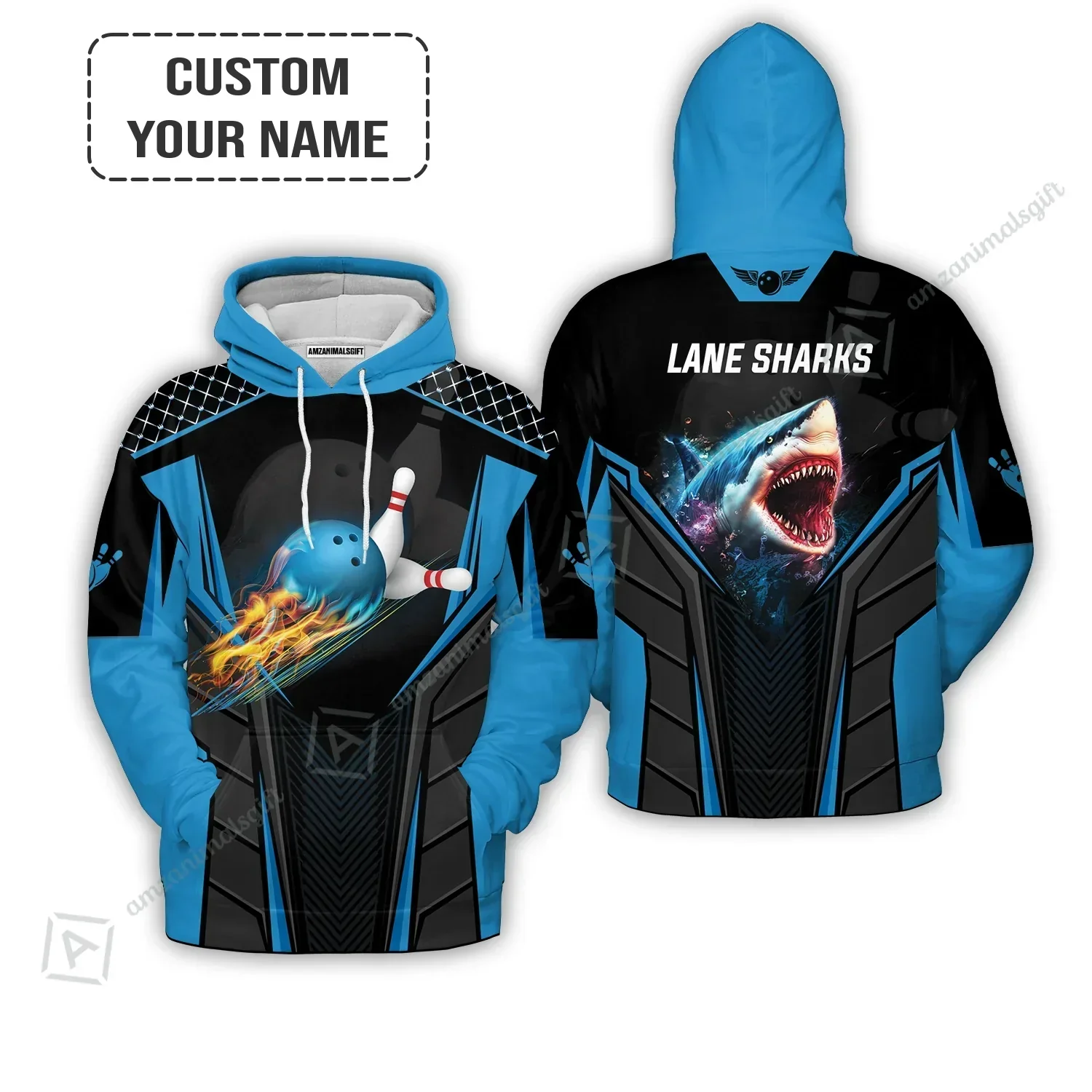 Personalized Bowling Hoodie, Shark Team Blue Bowling Ball Customized Shirt For Friend, Family, Bowling Players - Image 2
