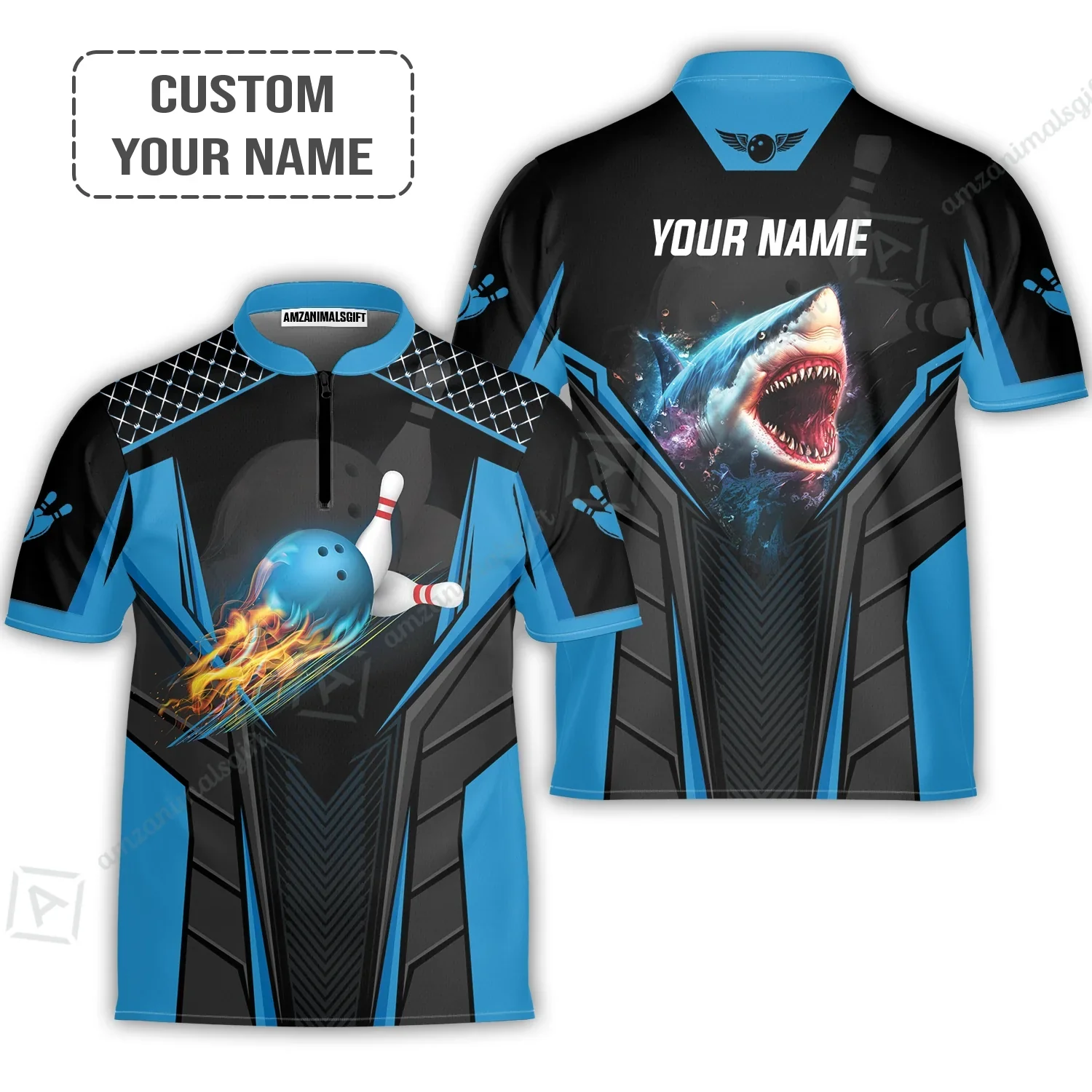 Personalized Bowling Jersey, Shark Team Blue Bowling Ball Customized Shirt For Friend, Family, Bowling Players - Image 2