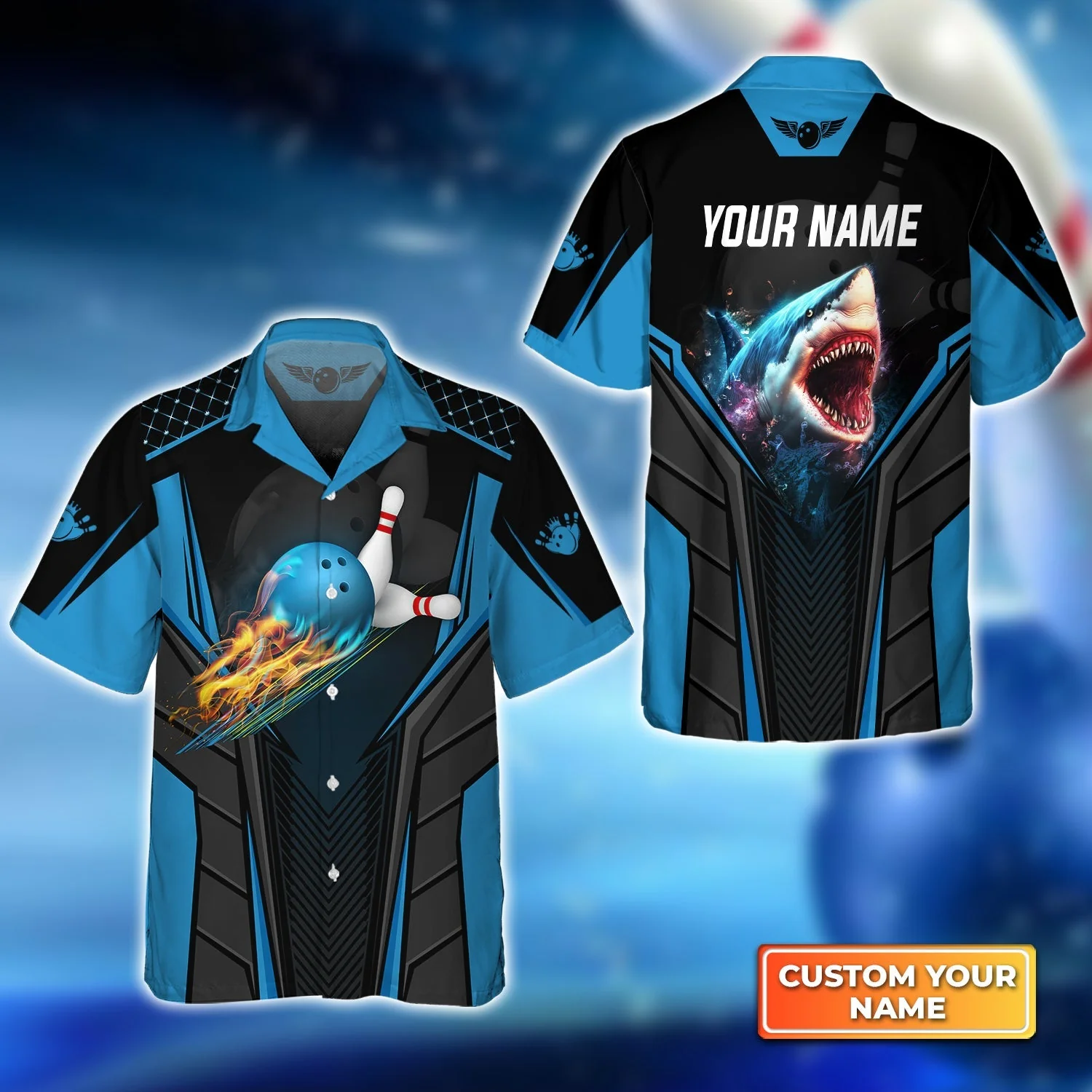 Personalized Bowling Jersey, Shark Team Blue Bowling Ball Customized Shirt For Friend, Family, Bowling Players - Image 4
