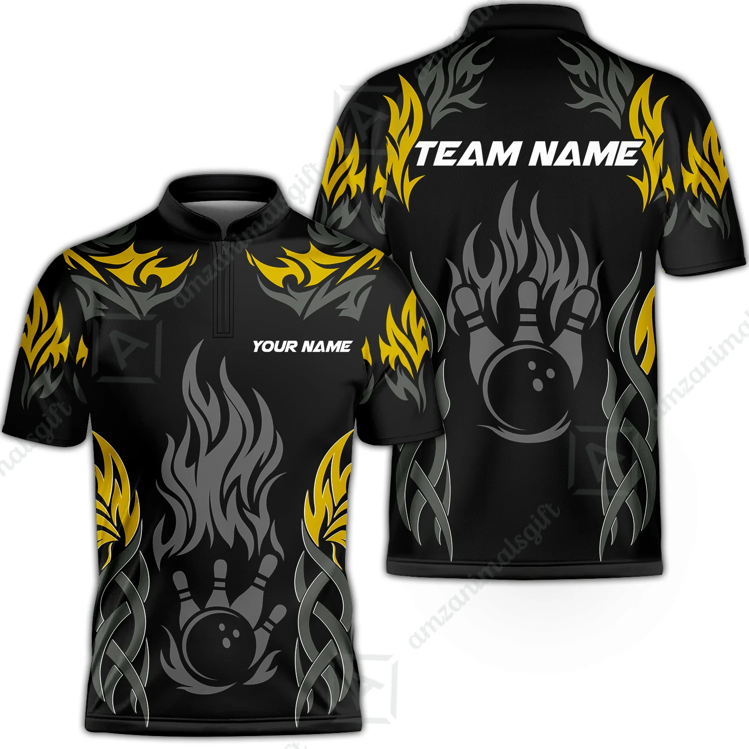 Personalized Bowling Jersey, Tribal And Bowling Flame Multi Option Customized Stand Collar Quarter-Zip Shirt - Black - Image 2