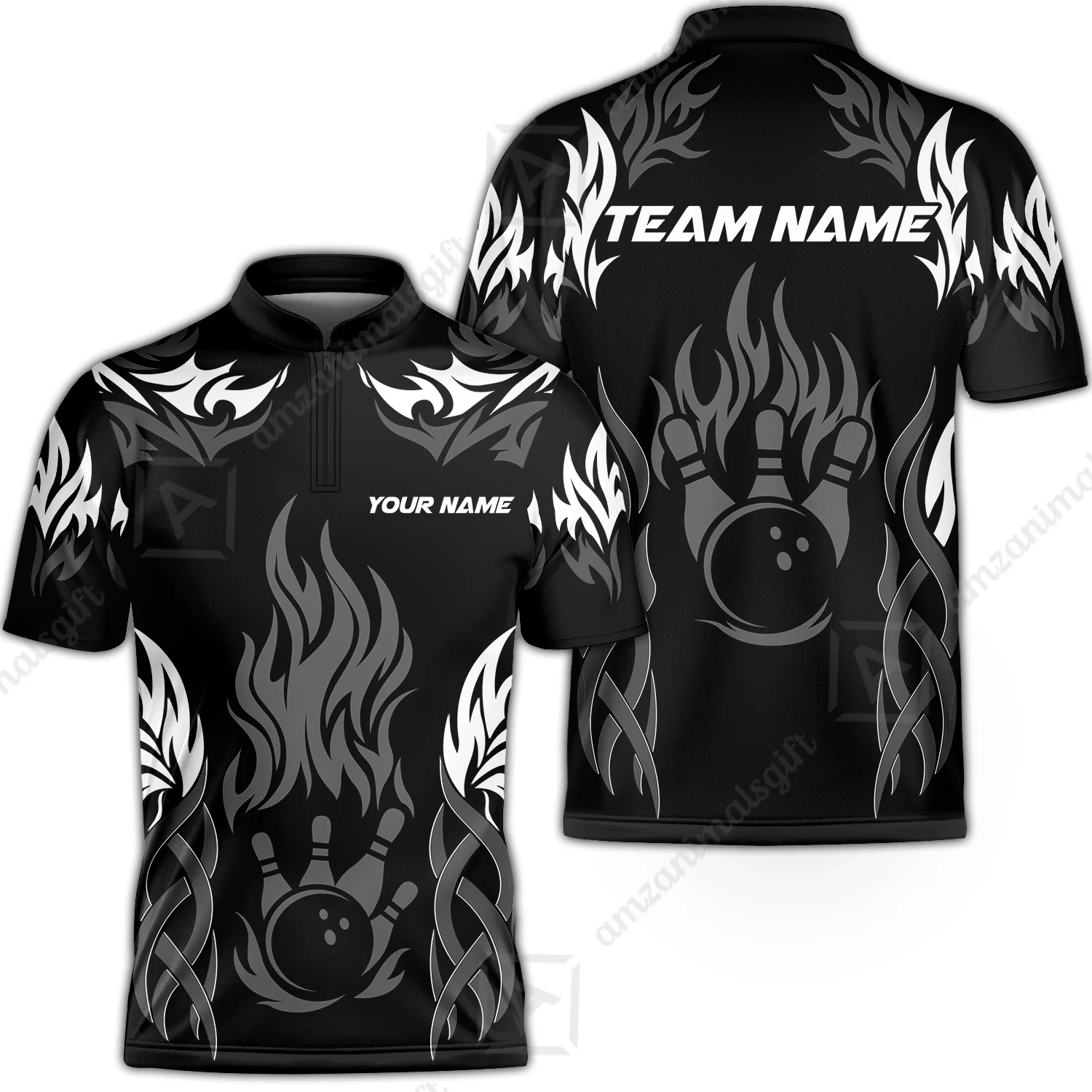 Personalized Bowling Jersey, Tribal And Bowling Flame Multi Option Customized Stand Collar Quarter-Zip Shirt - Black - Image 3