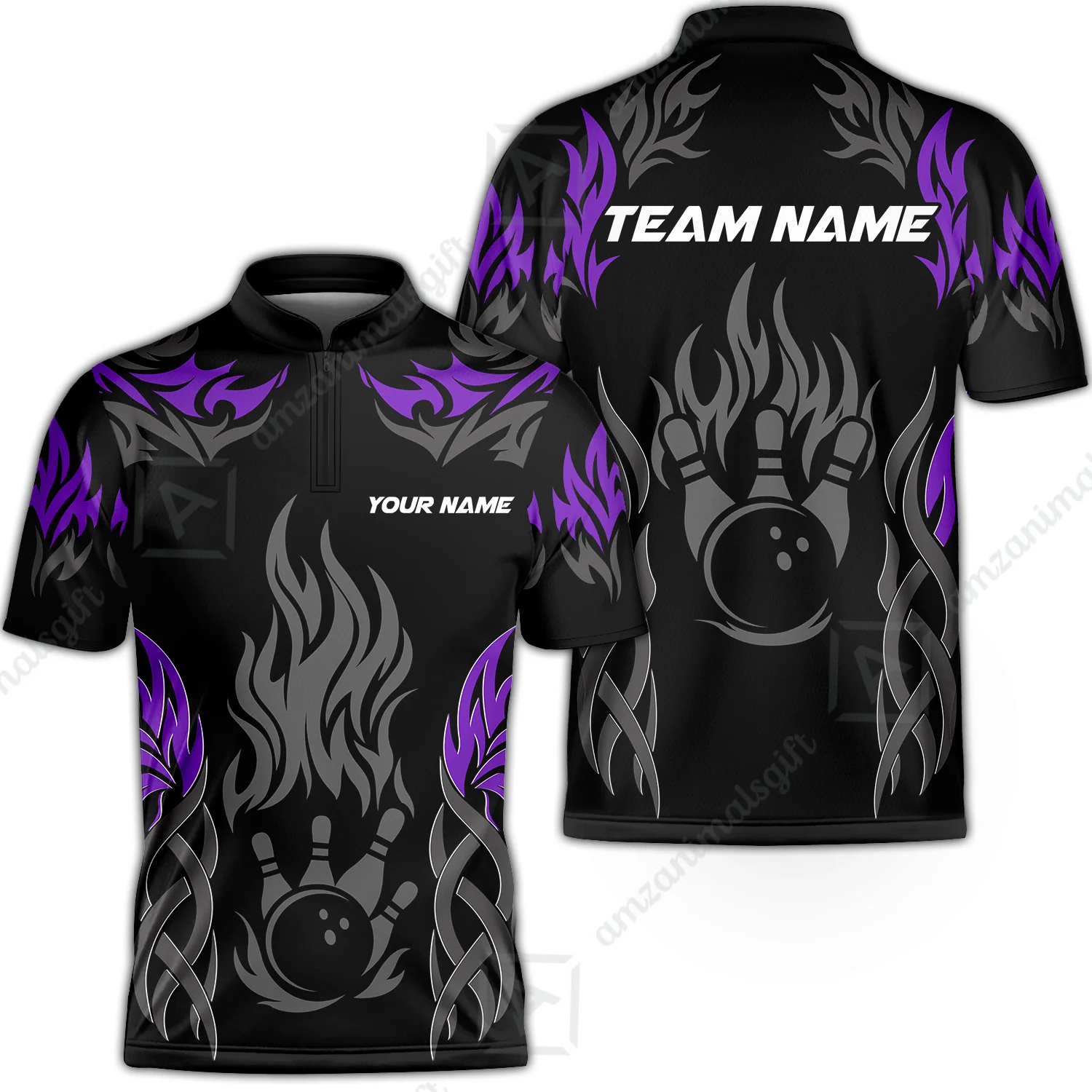 Personalized Bowling Jersey, Tribal And Bowling Flame Multi Option Customized Stand Collar Quarter-Zip Shirt - Black - Image 5