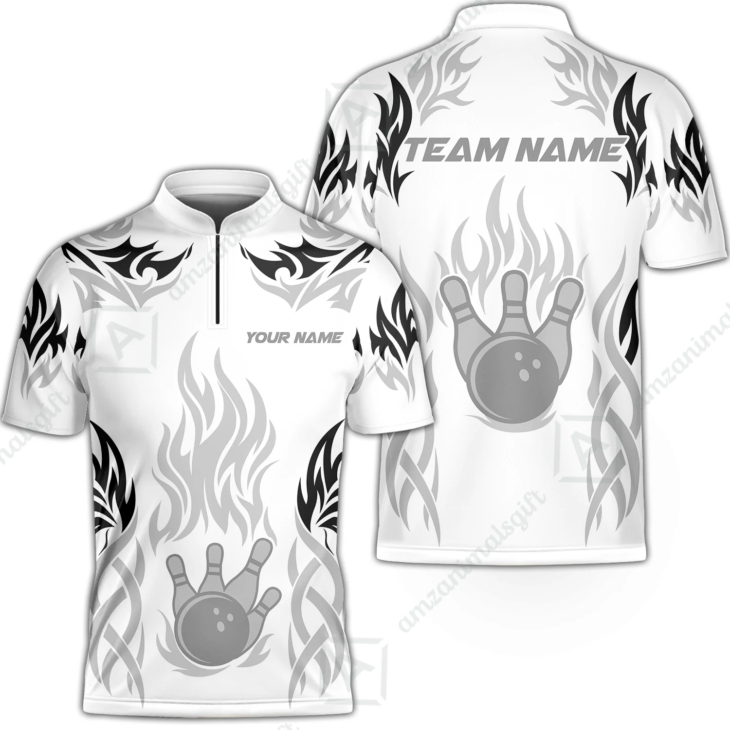 Personalized Bowling Jersey, Tribal And Bowling Flame Multi Option Customized Stand Collar Quarter-Zip Shirt - White - Image 2