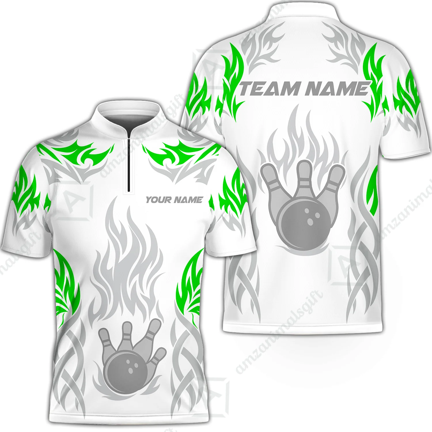 Personalized Bowling Jersey, Tribal And Bowling Flame Multi Option Customized Stand Collar Quarter-Zip Shirt - White - Image 3