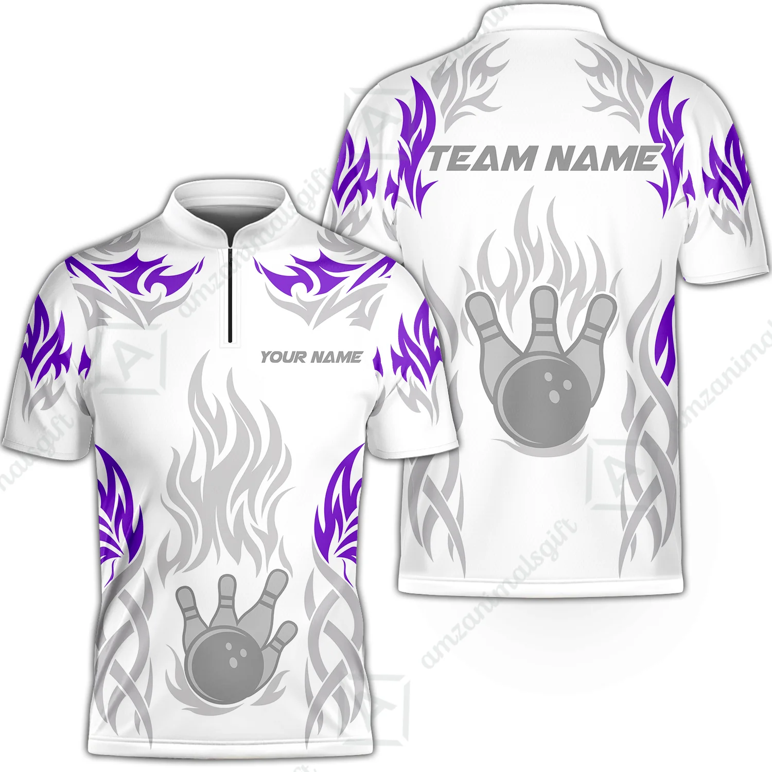 Personalized Bowling Jersey, Tribal And Bowling Flame Multi Option Customized Stand Collar Quarter-Zip Shirt - White - Image 4