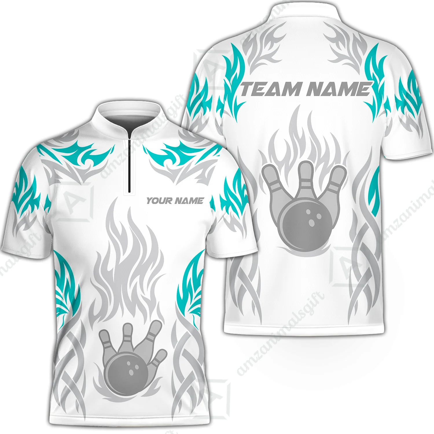 Personalized Bowling Jersey, Tribal And Bowling Flame Multi Option Customized Stand Collar Quarter-Zip Shirt - White - Image 5