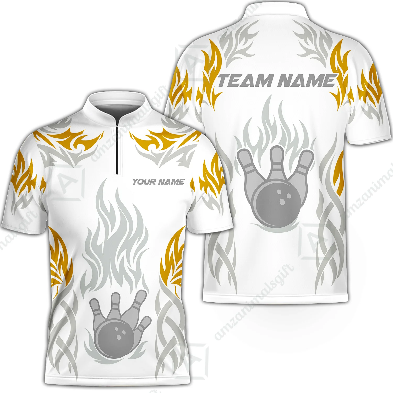 Personalized Bowling Jersey, Tribal And Bowling Flame Multi Option Customized Stand Collar Quarter-Zip Shirt - White - Image 6