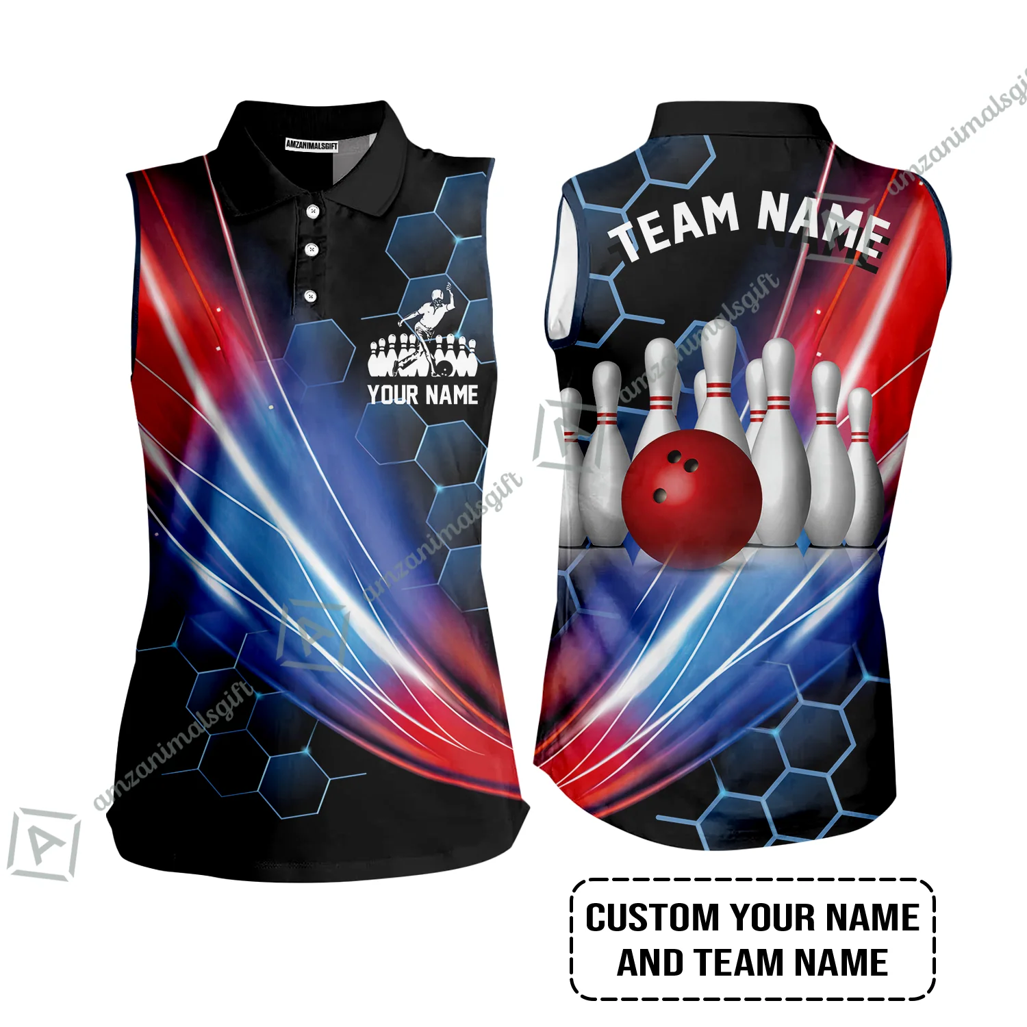 Personalized Bowling Men Women Sleeveless Polo Shirt - Custom Name & Team Name Honeycomb Pattern Bowling Women Sleeveless Polo Shirt - Image 2