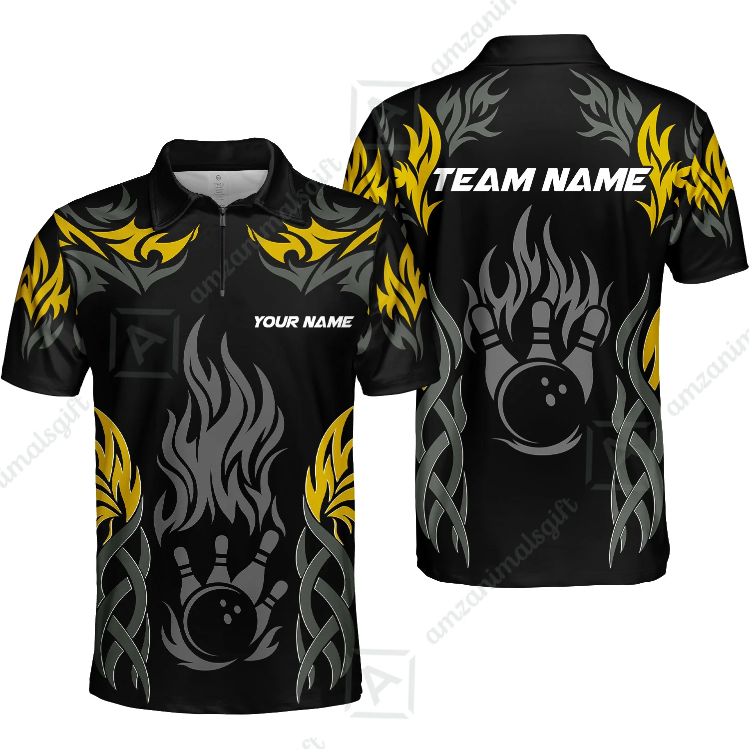 Personalized Bowling Quarter-Zip Polo Shirt, Tribal And Bowling Flame Multi Option Customized Zip Polo Shirt - Black - Image 3