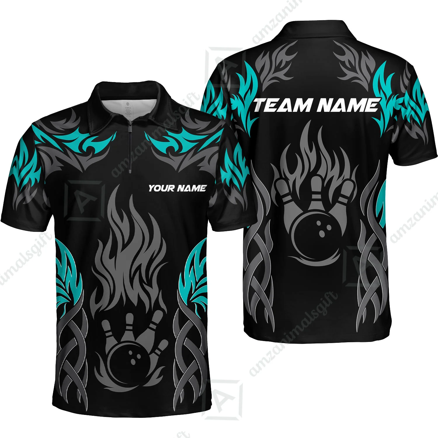 Personalized Bowling Quarter-Zip Polo Shirt, Tribal And Bowling Flame Multi Option Customized Zip Polo Shirt - Black - Image 5