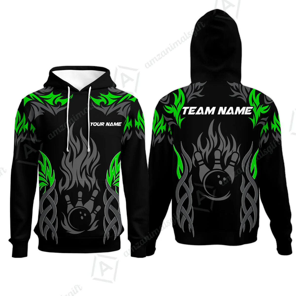 Personalized Bowling Team Hoodie, Tribal And Bowling Flame Multi Option Customized Polo Shirt - Black - Image 3