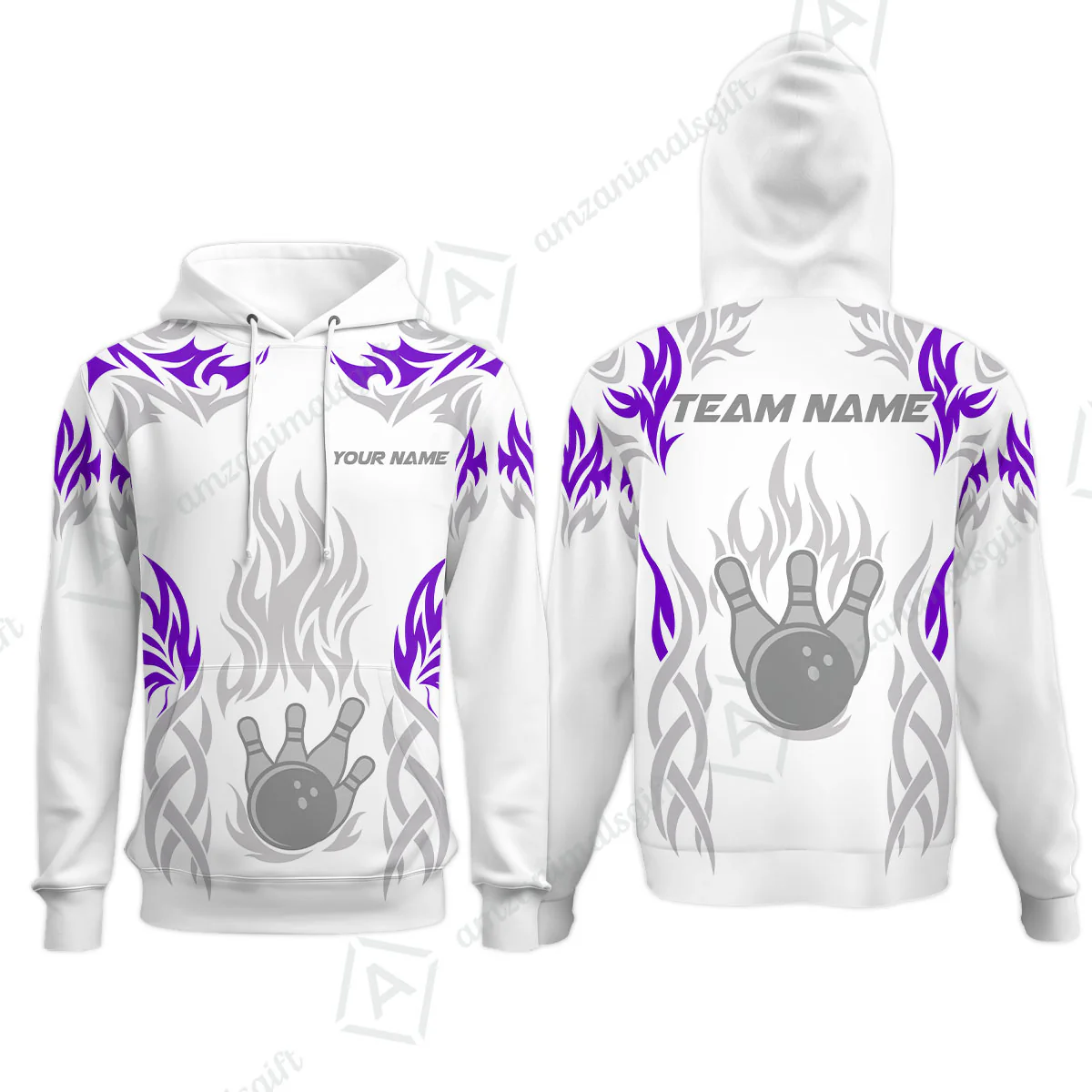 Personalized Bowling Team Hoodie, Tribal And Bowling Flame Multi Option Customized Polo Shirt - White - Image 3