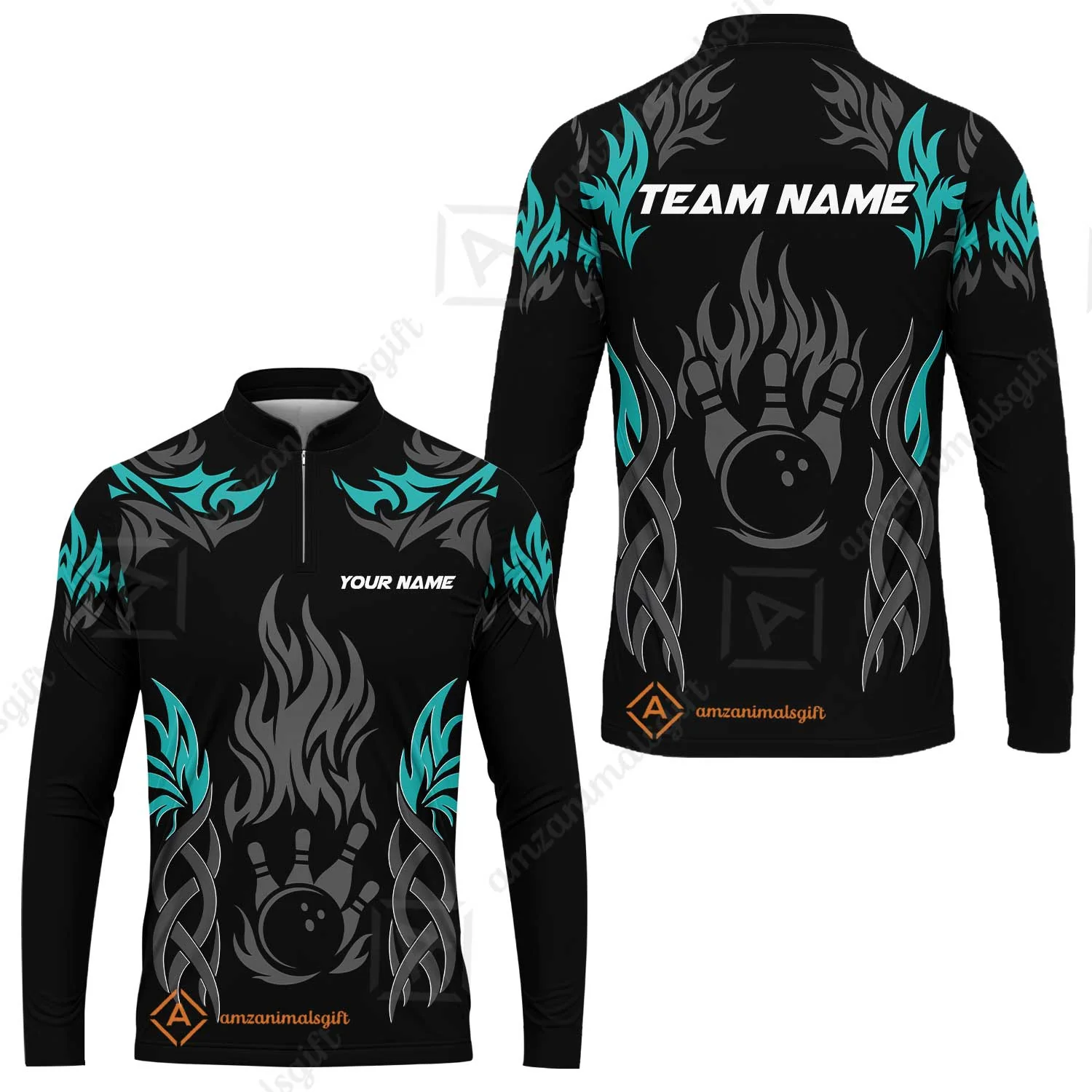 Personalized Bowling Team Long Sleeve Jersey, Tribal And Bowling Flame Multi Option Customized Shirt - Black - Image 2