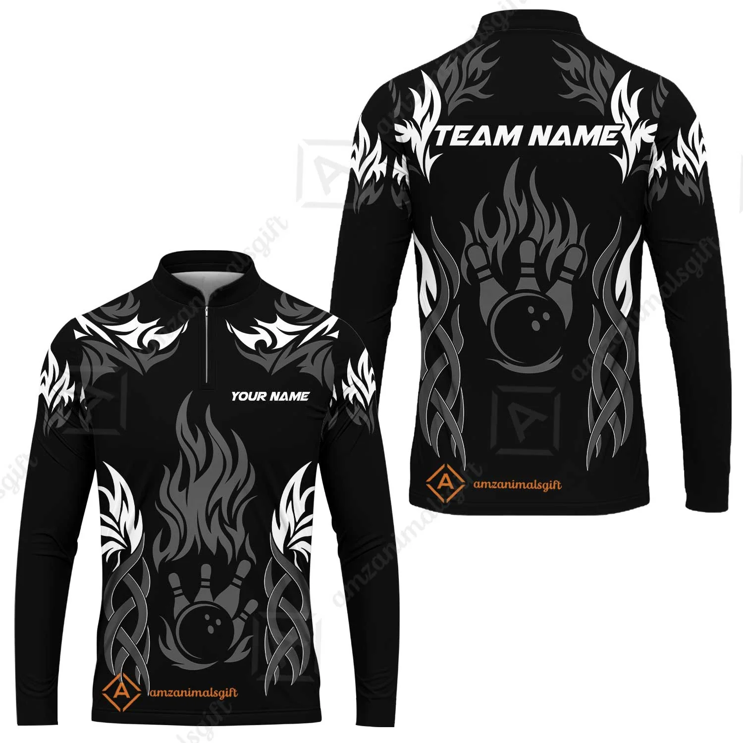 Personalized Bowling Team Long Sleeve Jersey, Tribal And Bowling Flame Multi Option Customized Shirt - Black - Image 6