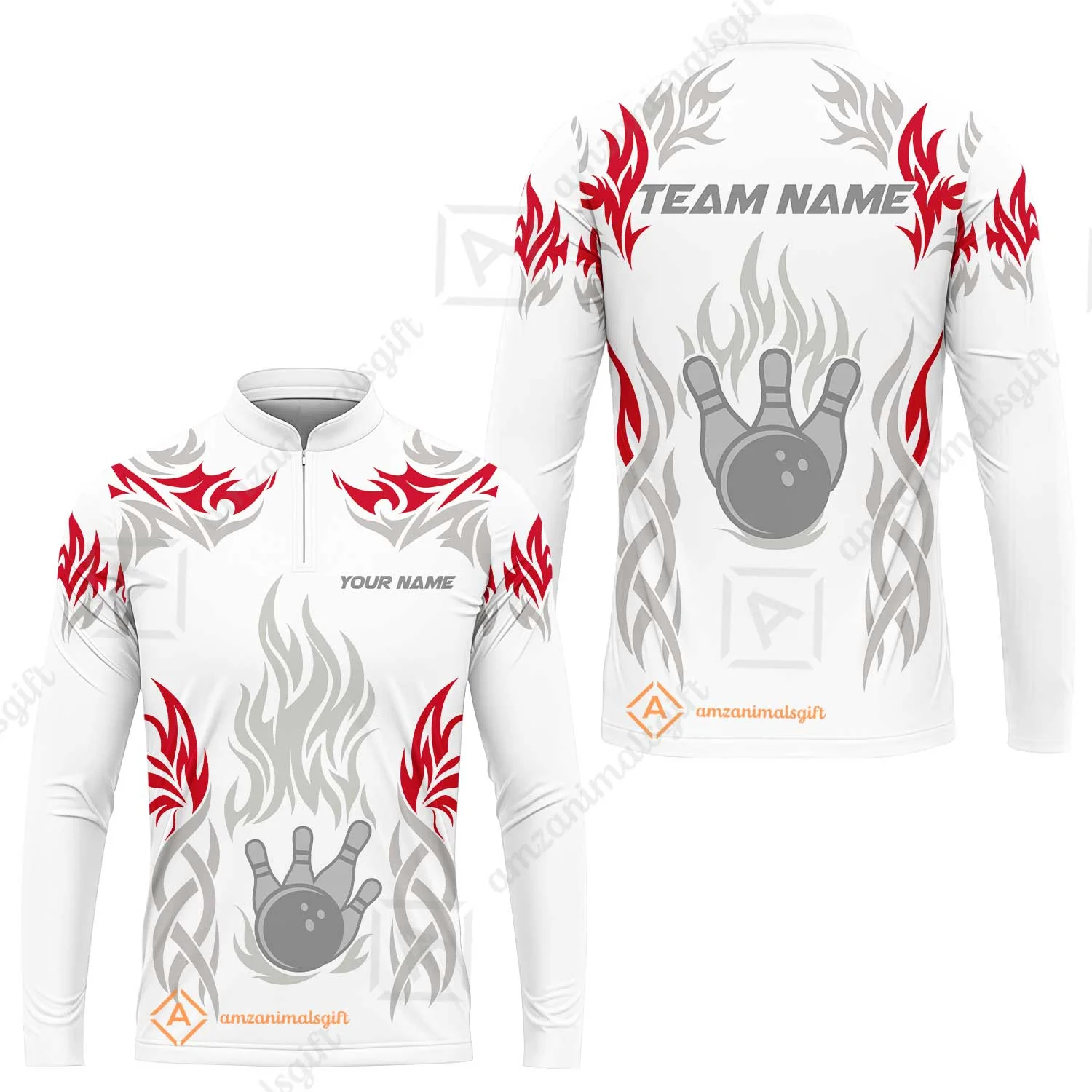 Personalized Bowling Team Long Sleeve Jersey, Tribal And Bowling Flame Multi Option Customized Shirt - White - Image 5