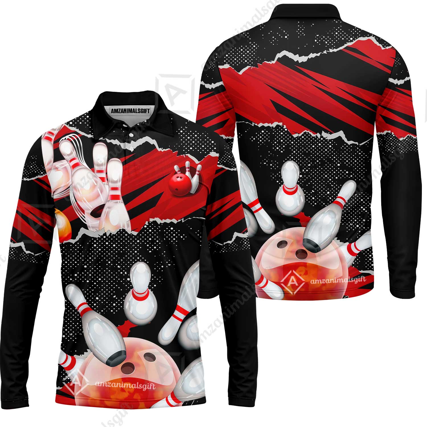 Personalized Bowling Team Long Sleeve Polo Shirt, Bowling Uniforms Ball & Pins Sport Pattern Custom Name And Team Name - Image 5