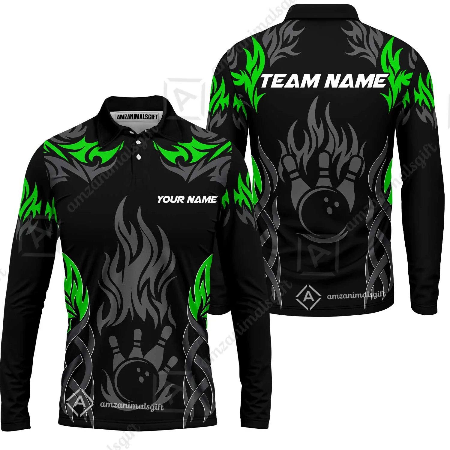 Personalized Bowling Team Long Sleeve Polo Shirt , Tribal And Bowling Flame Multi Option Customized Shirt - Black - Image 2