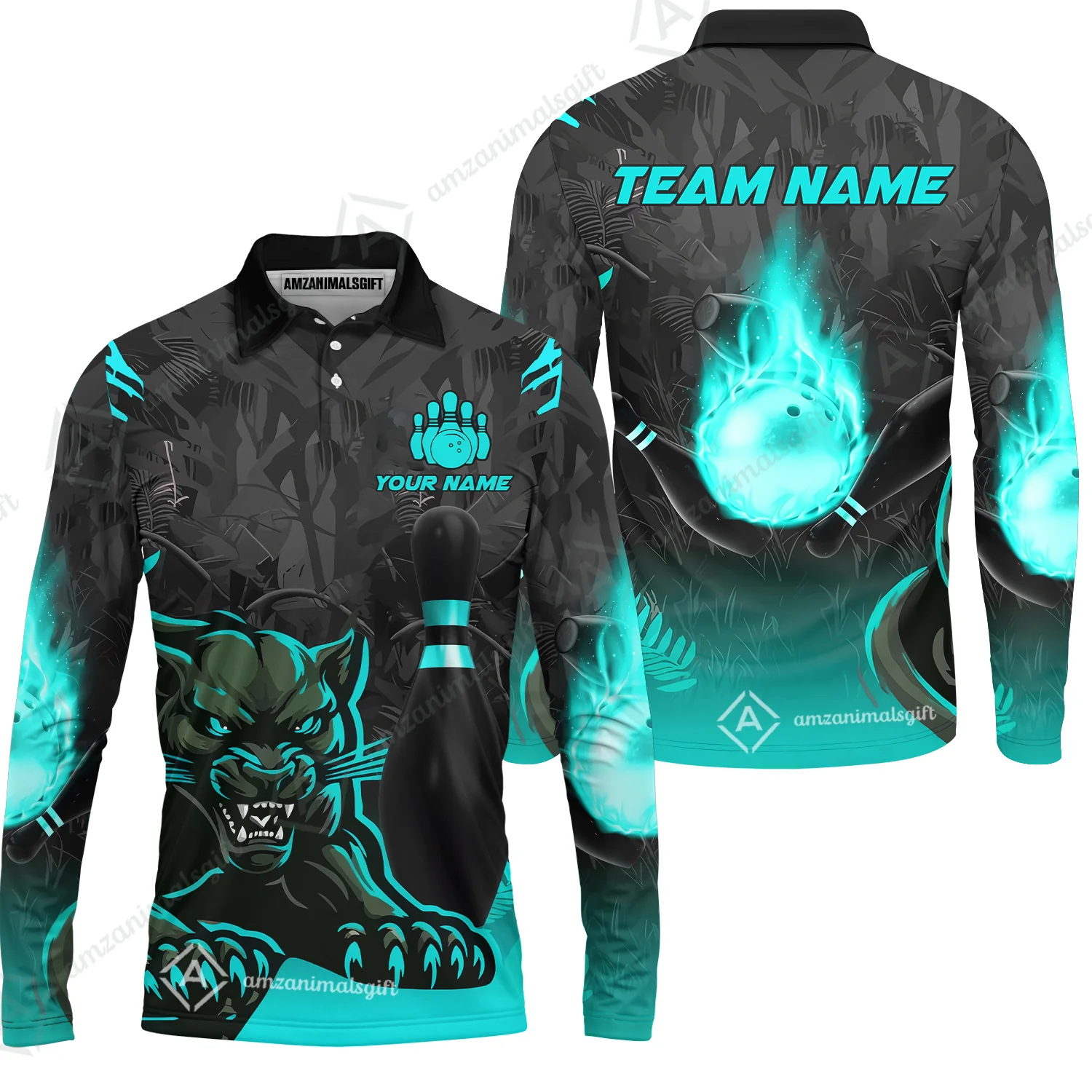 Personalized Bowling Team Long Sleeve Polo Shirt With Black Panther And Pin, Custom Name And Team Name For Bowlers - Image 3