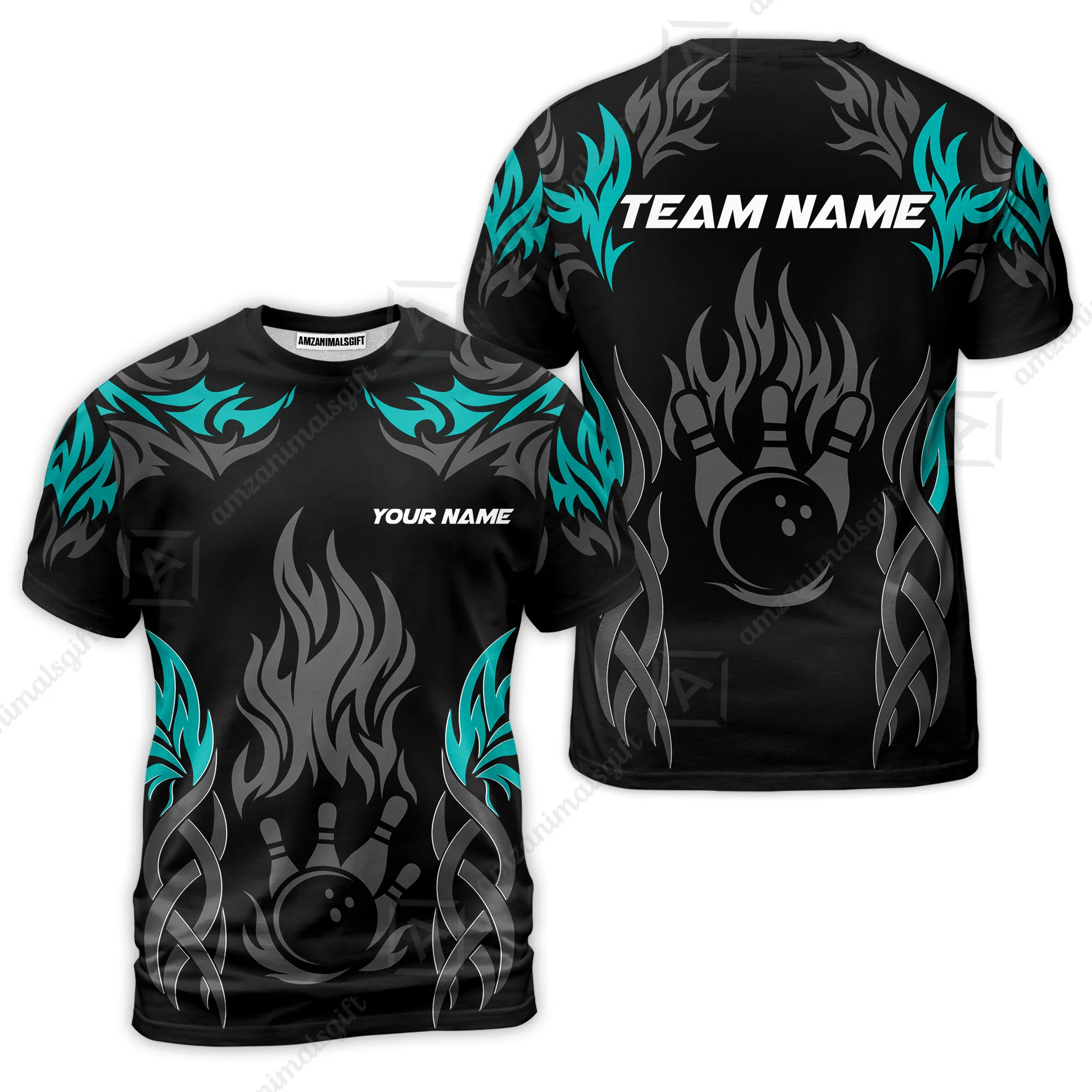 Personalized Bowling Team T-Shirt, Tribal And Bowling Flame Multi Option Customized Shirt - Black - Image 4