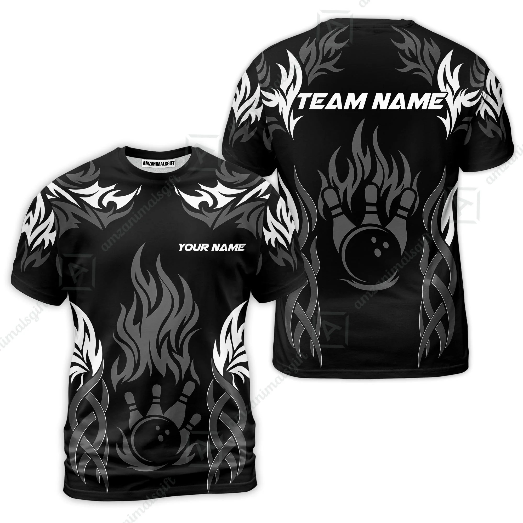 Personalized Bowling Team T-Shirt, Tribal And Bowling Flame Multi Option Customized Shirt - Black - Image 5