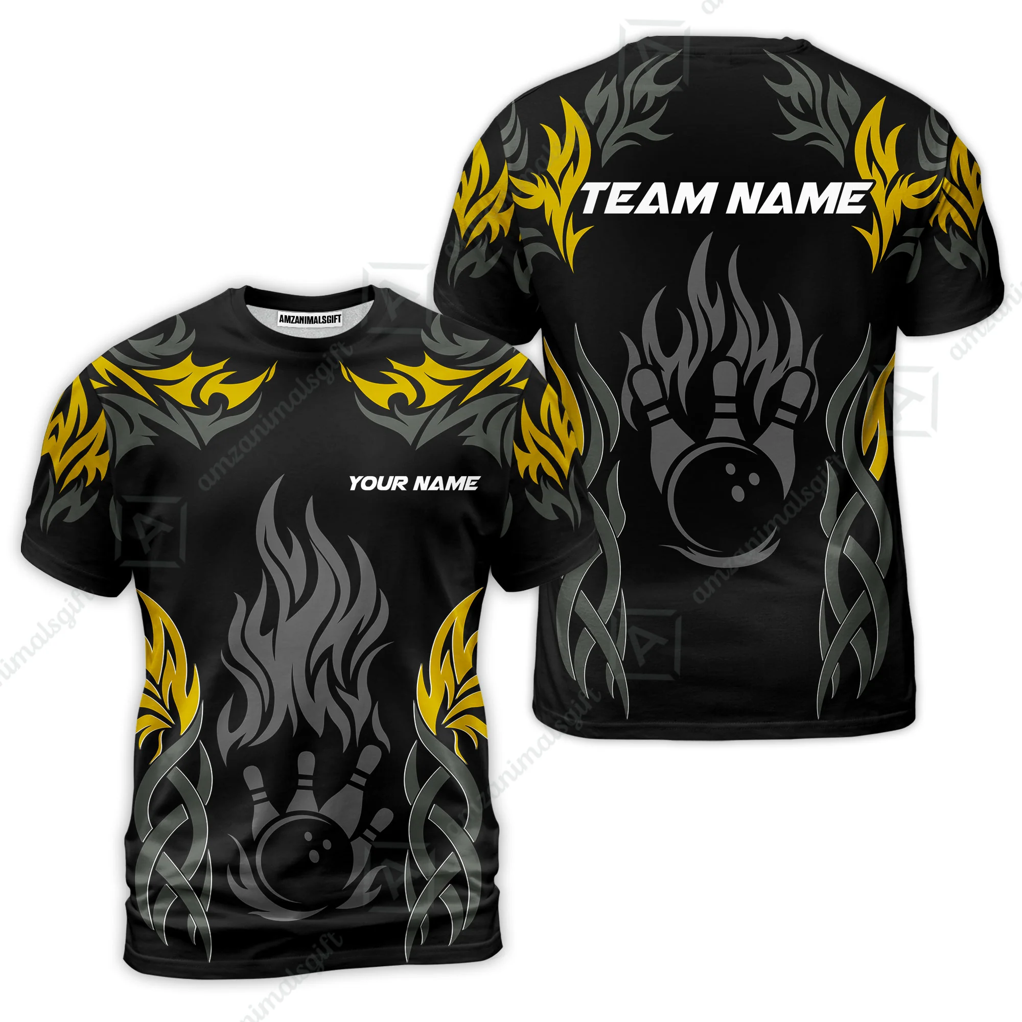 Personalized Bowling Team T-Shirt, Tribal And Bowling Flame Multi Option Customized Shirt - Black - Image 6