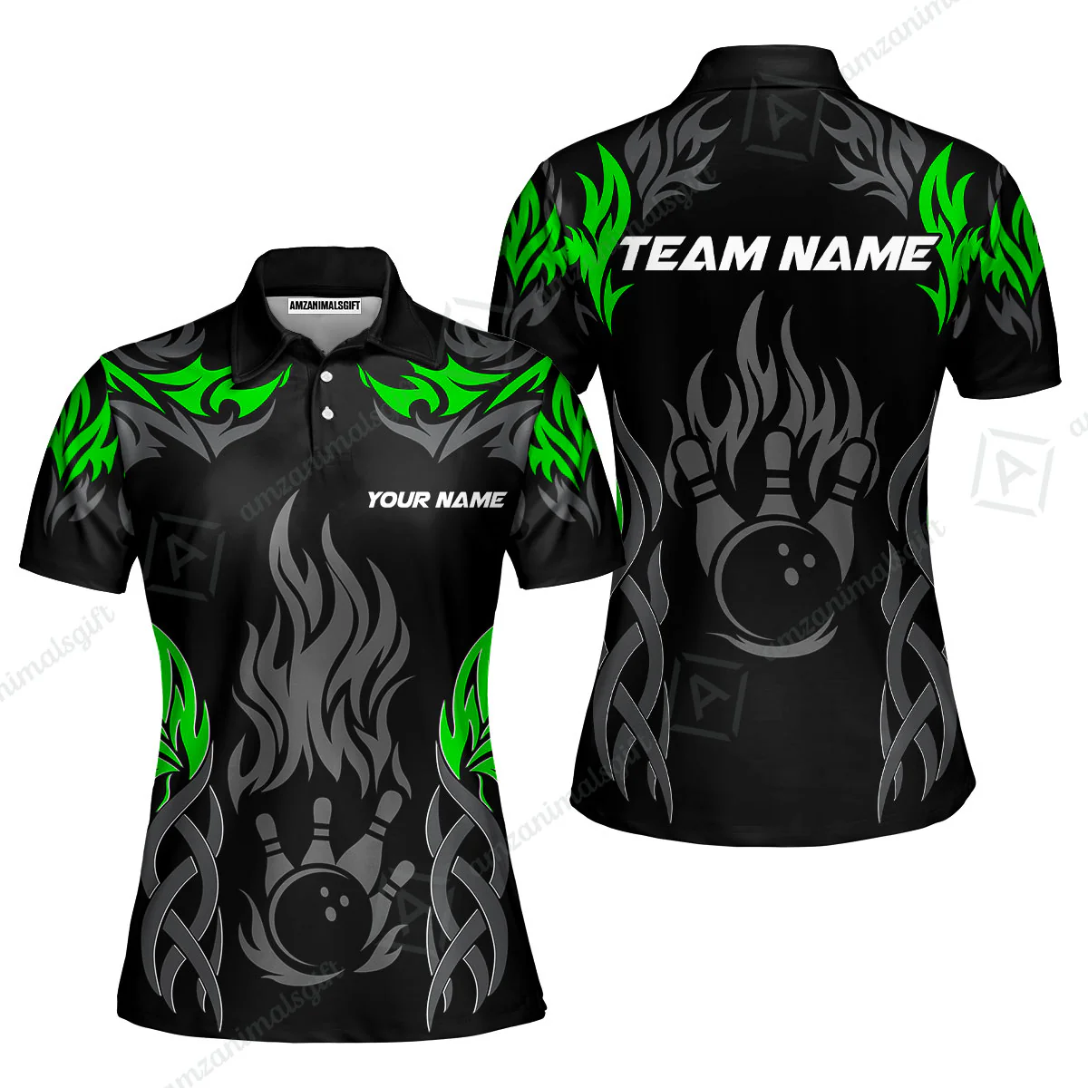 Personalized Bowling Team Women Polo Shirt, Tribal And Bowling Flame Multi Option Customized Polo Shirt - Black - Image 2