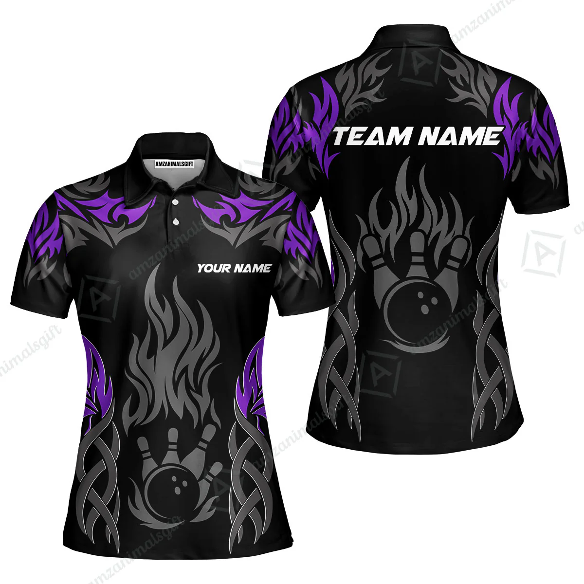Personalized Bowling Team Women Polo Shirt, Tribal And Bowling Flame Multi Option Customized Polo Shirt - Black - Image 4