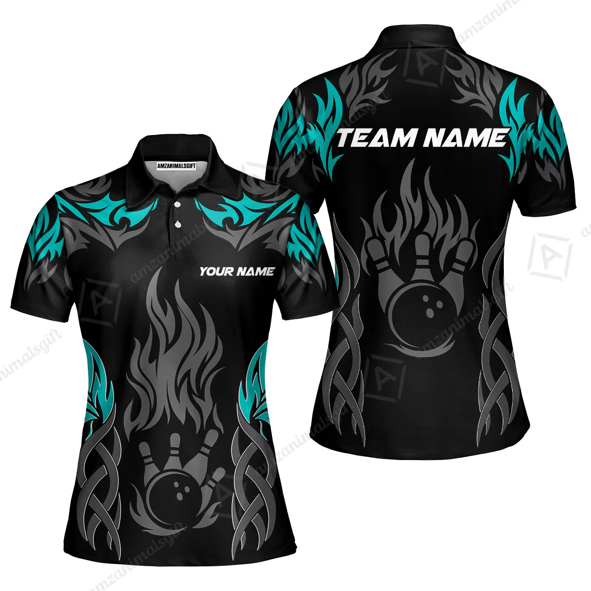 Personalized Bowling Team Women Polo Shirt, Tribal And Bowling Flame Multi Option Customized Polo Shirt - Black - Image 5