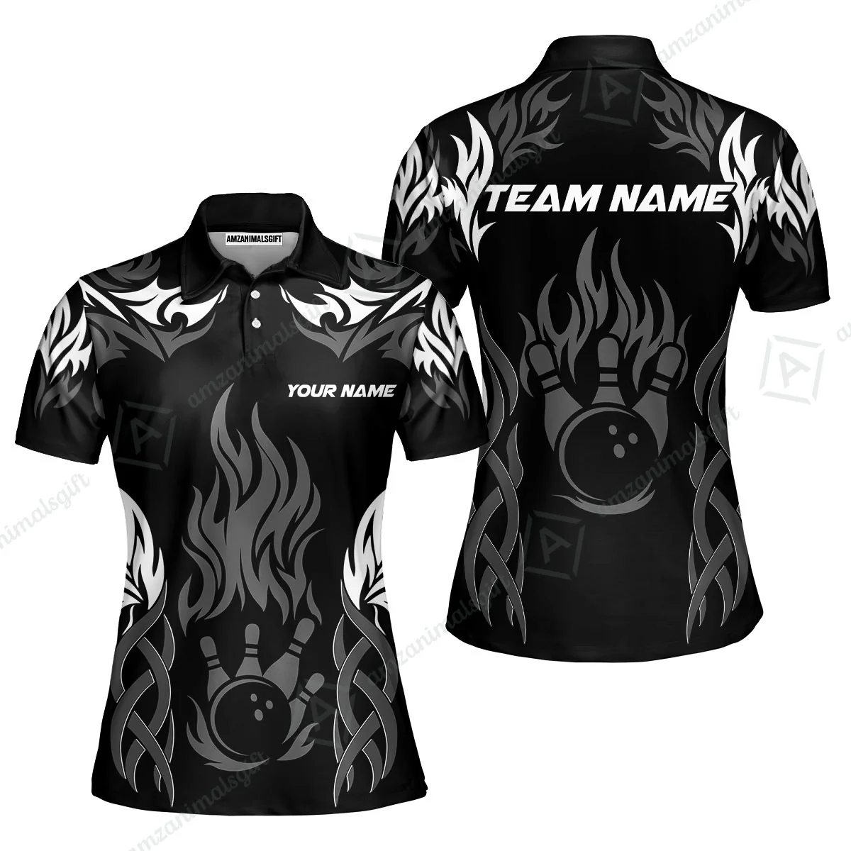 Personalized Bowling Team Women Polo Shirt, Tribal And Bowling Flame Multi Option Customized Polo Shirt - Black - Image 6