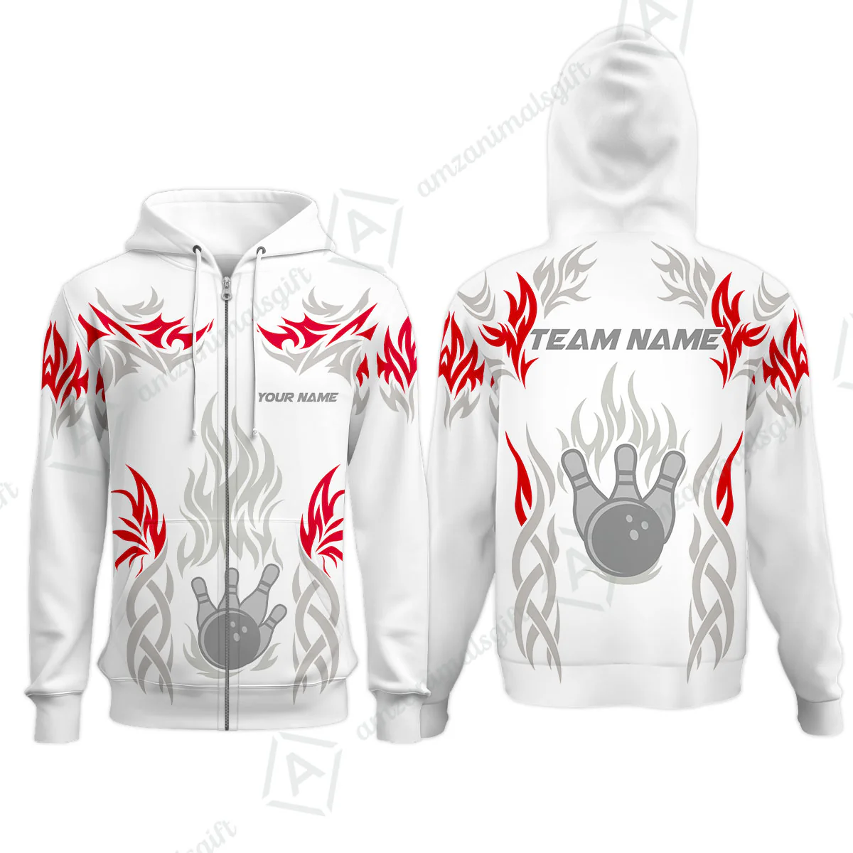 Personalized Bowling Team Zip Hoodie, Tribal And Bowling Flame Multi Option Customized Polo Shirt - White - Image 6
