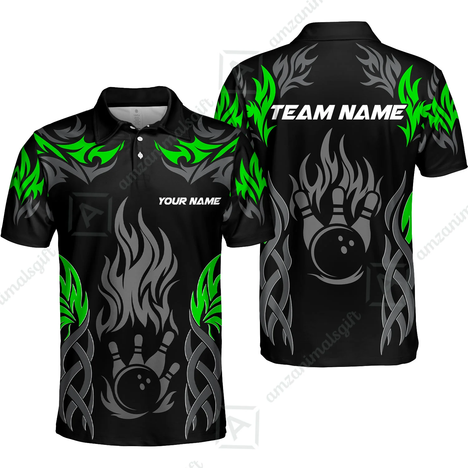 Personalized Bowling Unisex Polo Shirt, Tribal And Bowling Flame Multi Option Customized Polo Shirt - Black - Image 2