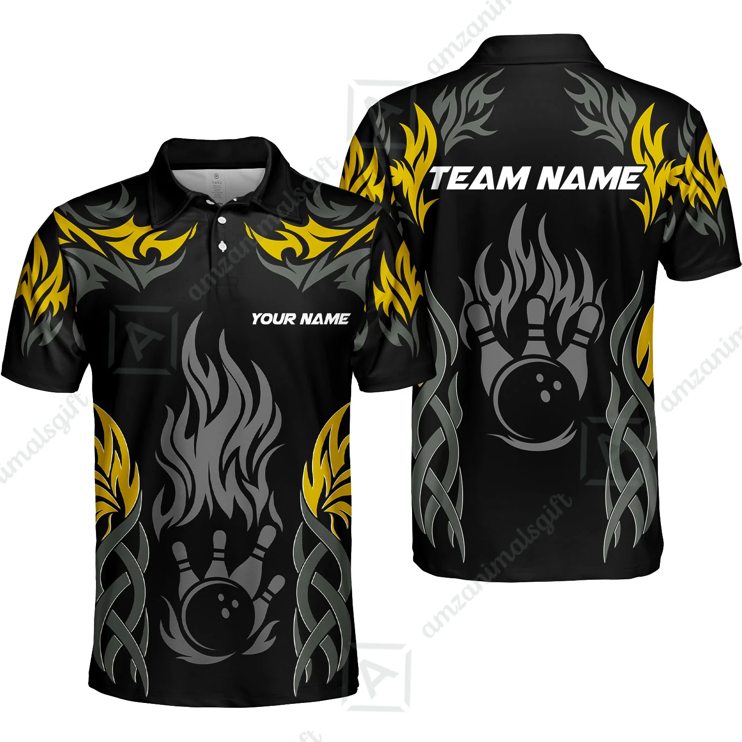 Personalized Bowling Unisex Polo Shirt, Tribal And Bowling Flame Multi Option Customized Polo Shirt - Black - Image 3