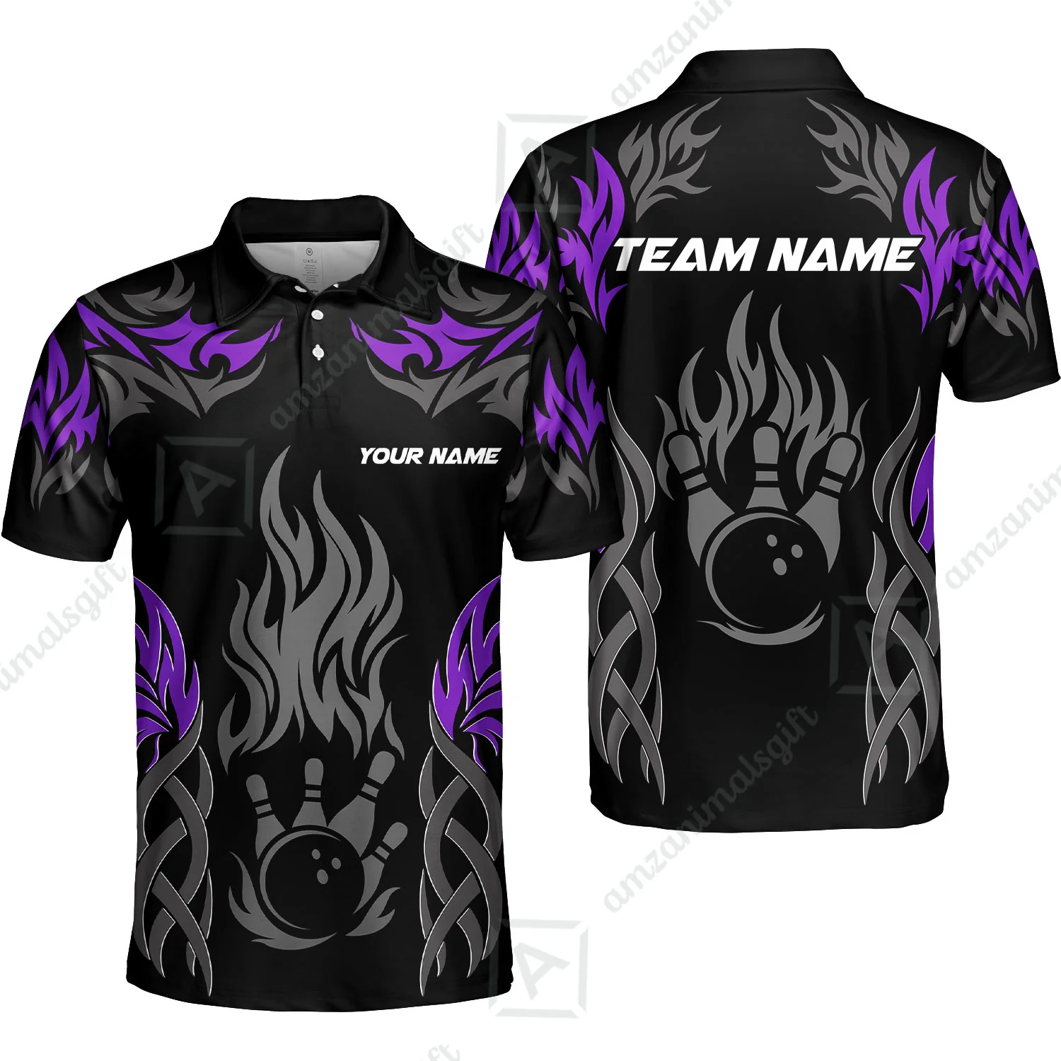 Personalized Bowling Unisex Polo Shirt, Tribal And Bowling Flame Multi Option Customized Polo Shirt - Black - Image 4