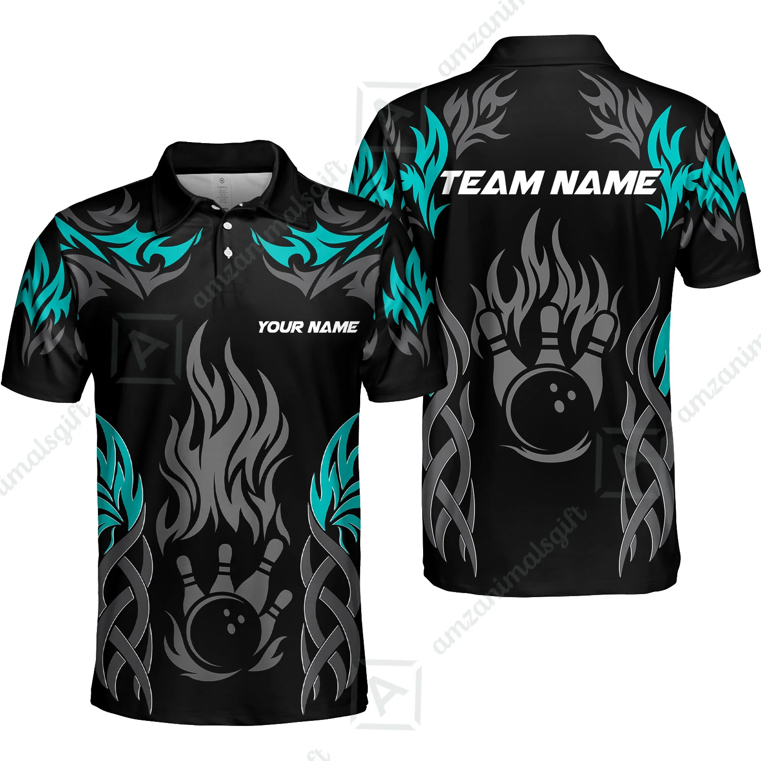 Personalized Bowling Unisex Polo Shirt, Tribal And Bowling Flame Multi Option Customized Polo Shirt - Black - Image 5