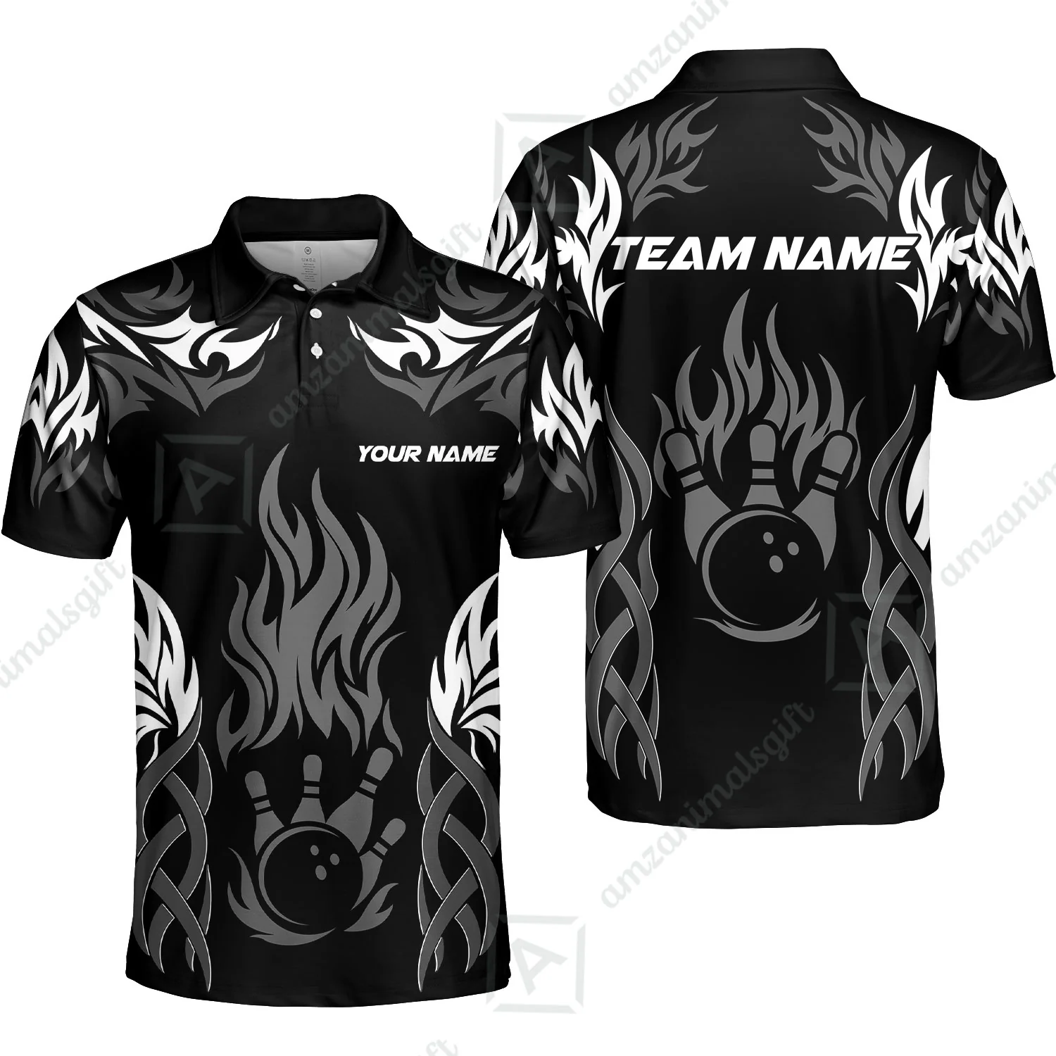 Personalized Bowling Unisex Polo Shirt, Tribal And Bowling Flame Multi Option Customized Polo Shirt - Black - Image 6