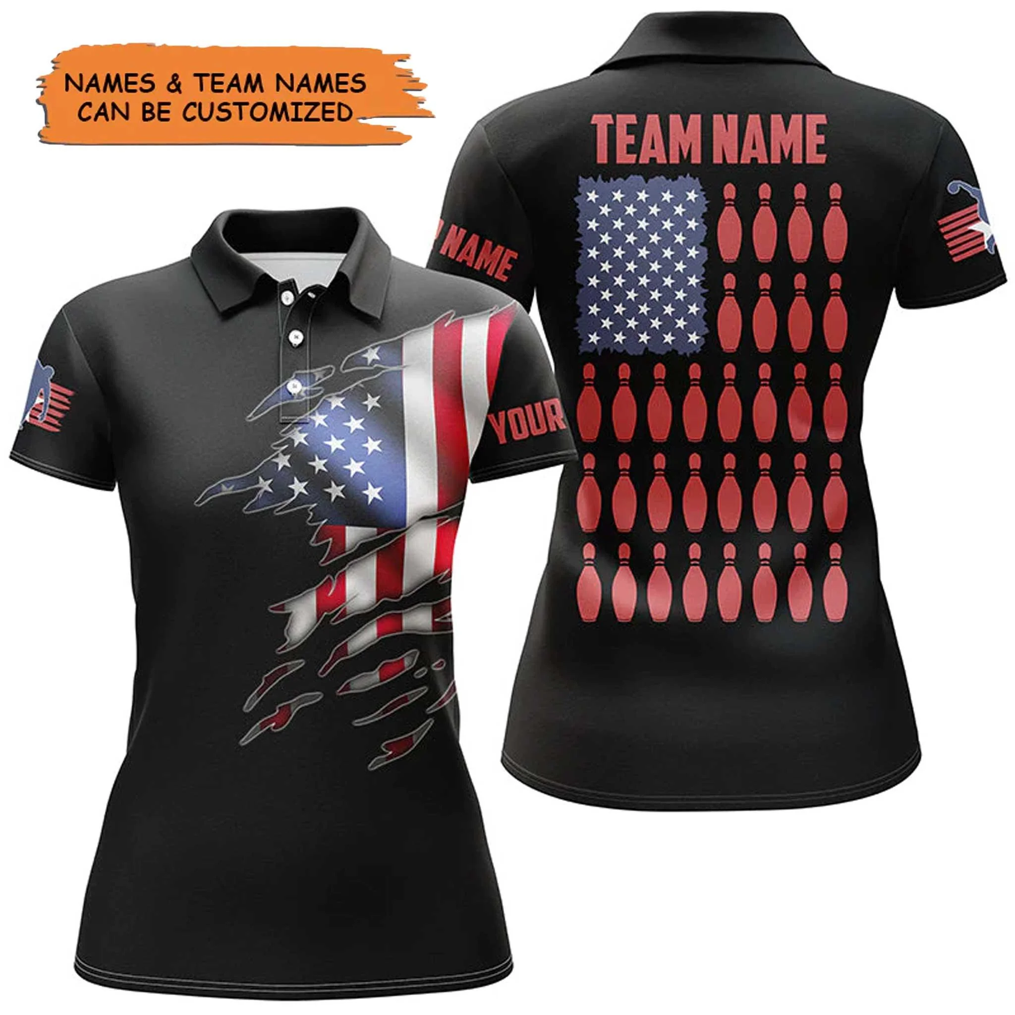 Personalized Bowling Women Polo Shirt - Custom Name American Flag Black Bowling Polo Shirt - Gift For Friend, Family, Bowling Lovers