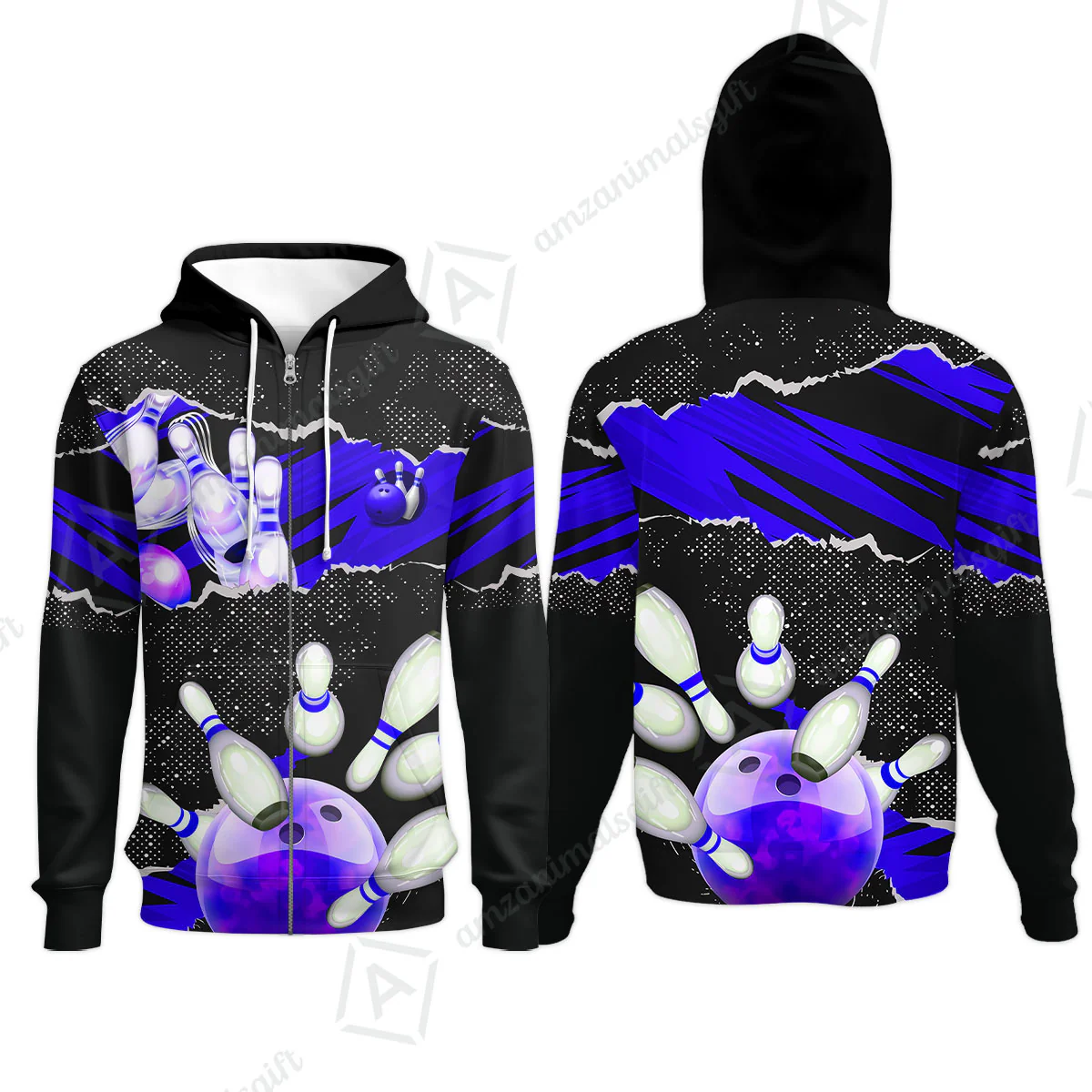 Personalized Bowling Zip Hoodie, Bowling Uniforms Ball & Pins Sport Pattern Custom Name And Team Name For Bowlers - Image 2