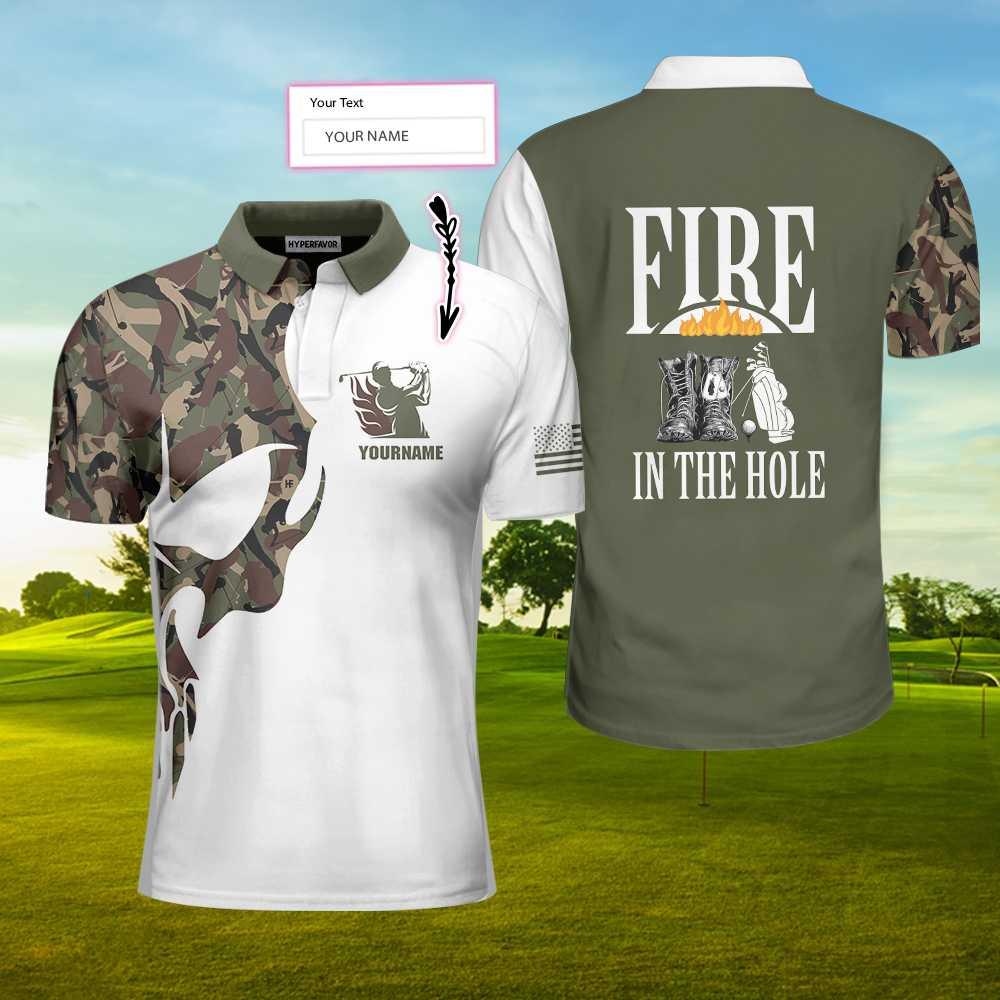 Men Golf Polo Shirt - Personalized Camouflage Veteran Men Polo Shirt, Fire In The Hole Veteran Custom Shirt For Veteran Golfers, Customized Golf Gift For Patriot