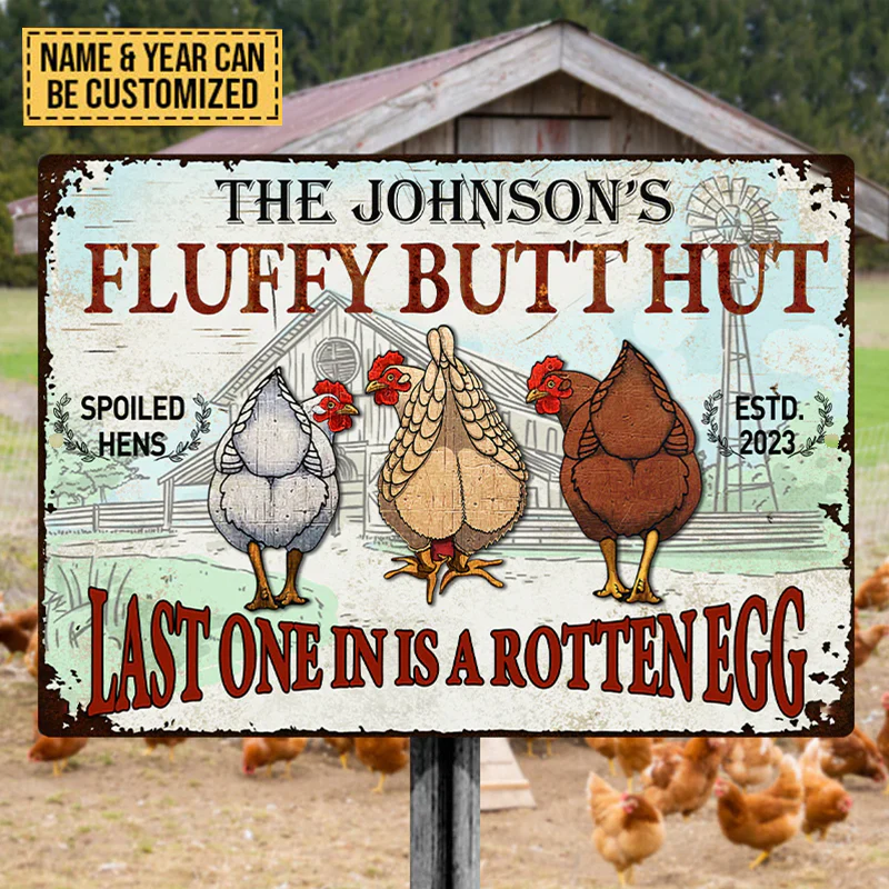 Personalized Chicken Fluffy Butt Hut Nuggets Metal Signs, Last One In Is A Rotten Egg Metal Signs For Farm Decoration - Image 3