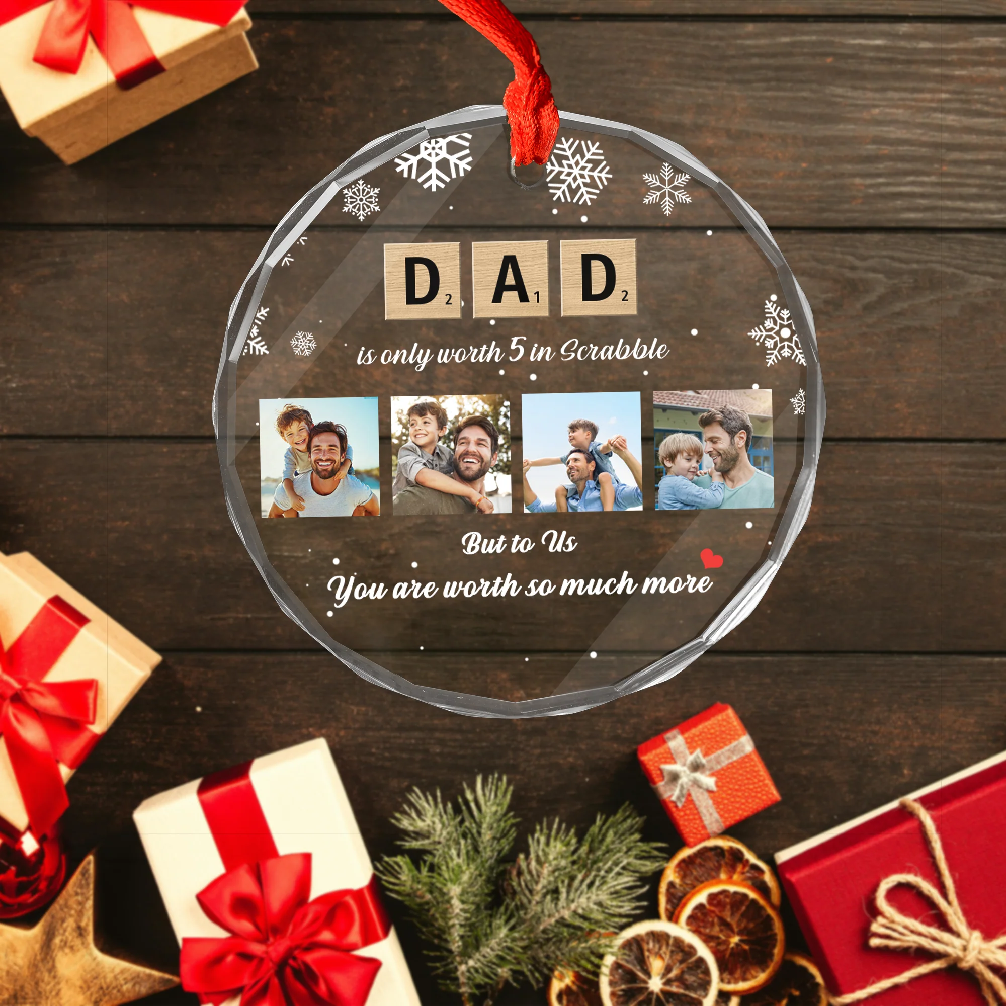 Personalized Dad Scrabble Crossword Puzzle Tiles Circle Glass Ornament, Meaningful Christmas Gift For Dad Granpa Family - Image 3
