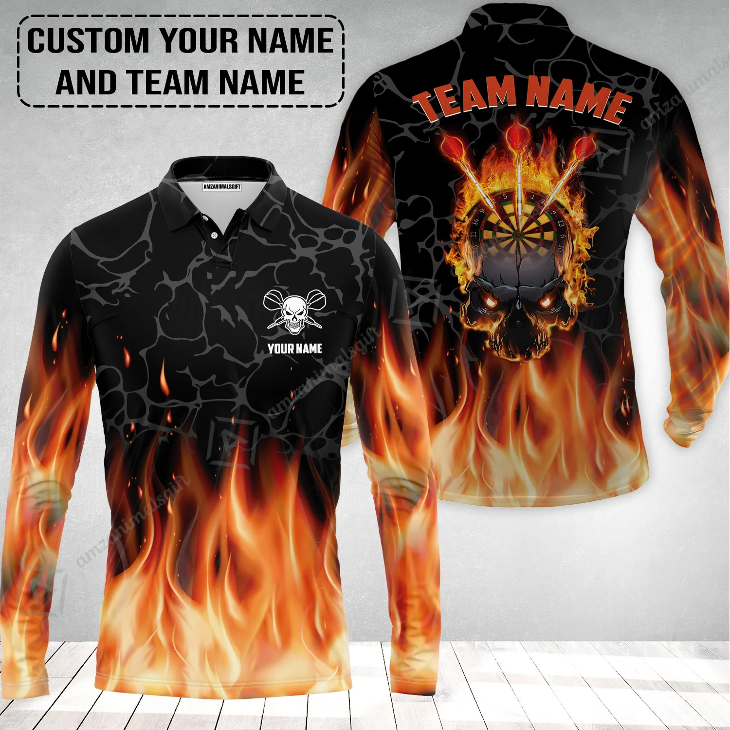 Personalized Darts Long Polo Shirt - Custom Name & Team Name Orange Flame Skull Darts Long Polo Shirt - Image 2