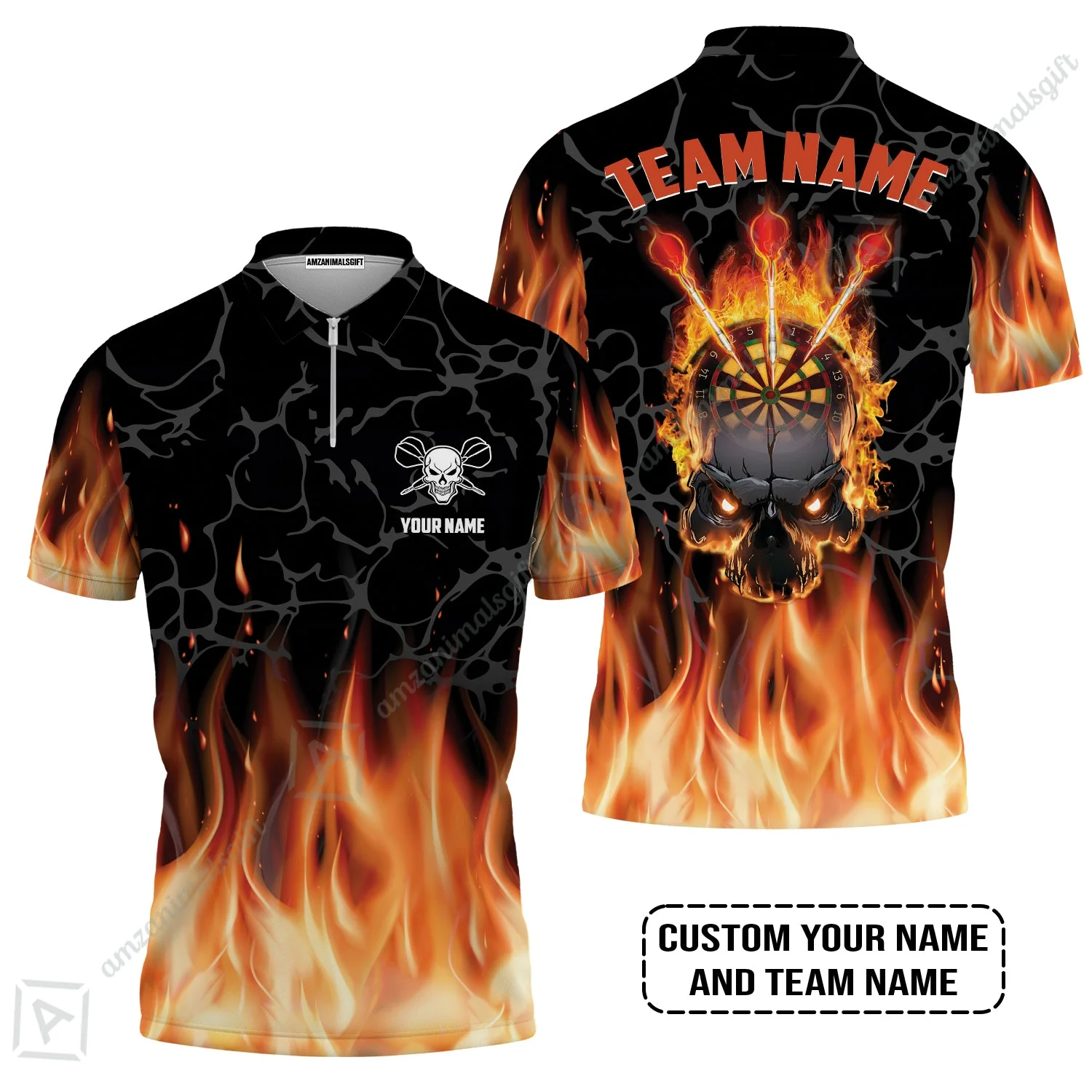 Personalized Darts Long Polo Shirt - Custom Name & Team Name Orange Flame Skull Darts Long Polo Shirt - Image 4