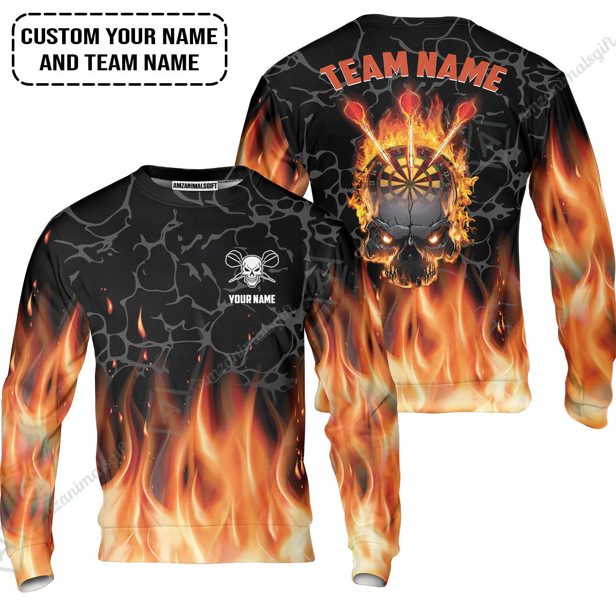 Personalized Darts Long Polo Shirt - Custom Name & Team Name Orange Flame Skull Darts Long Polo Shirt - Image 6