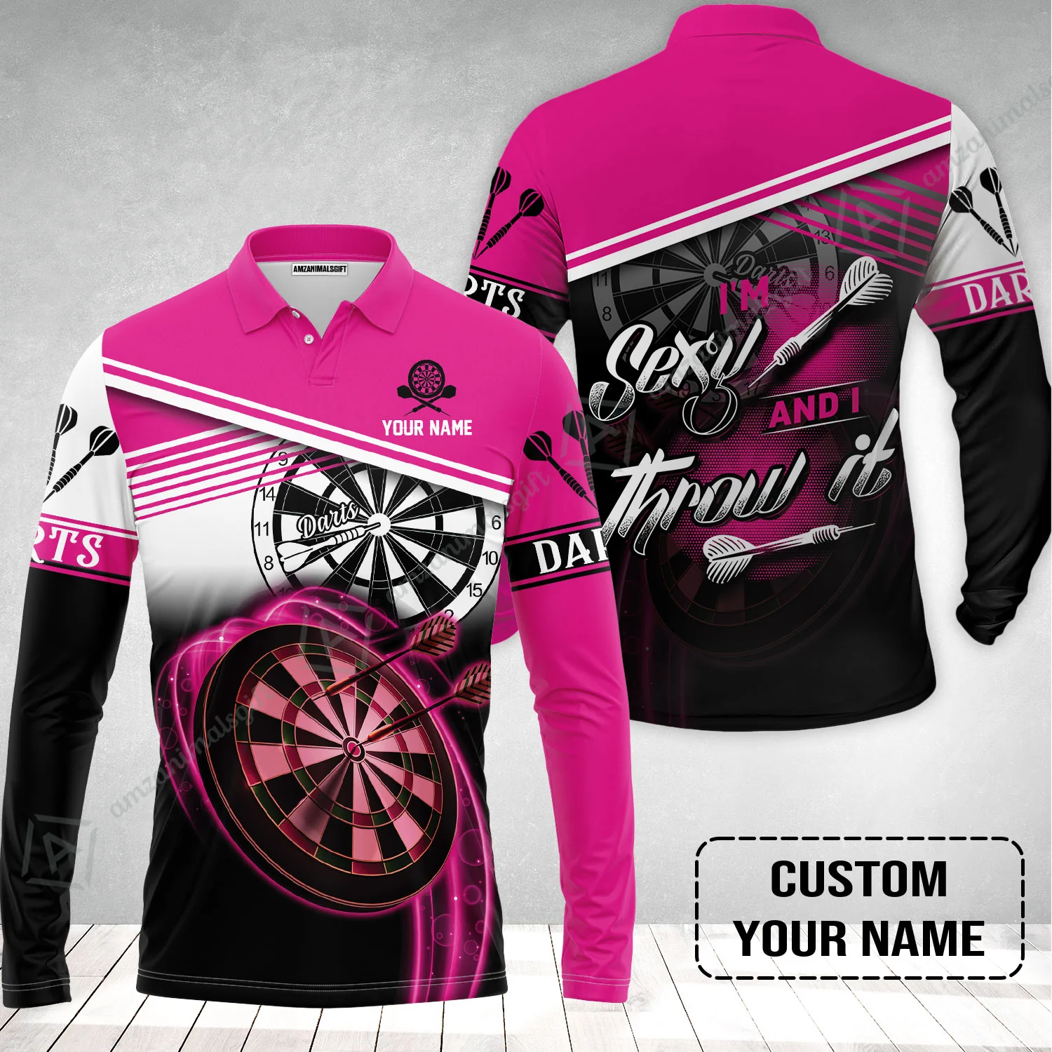 Personalized Darts Long Polo Shirt, Darts Pink Color Custom Name Shirt I'm Sexy And I Throw It, Outfits For Darts Players, Darts Team - Image 2